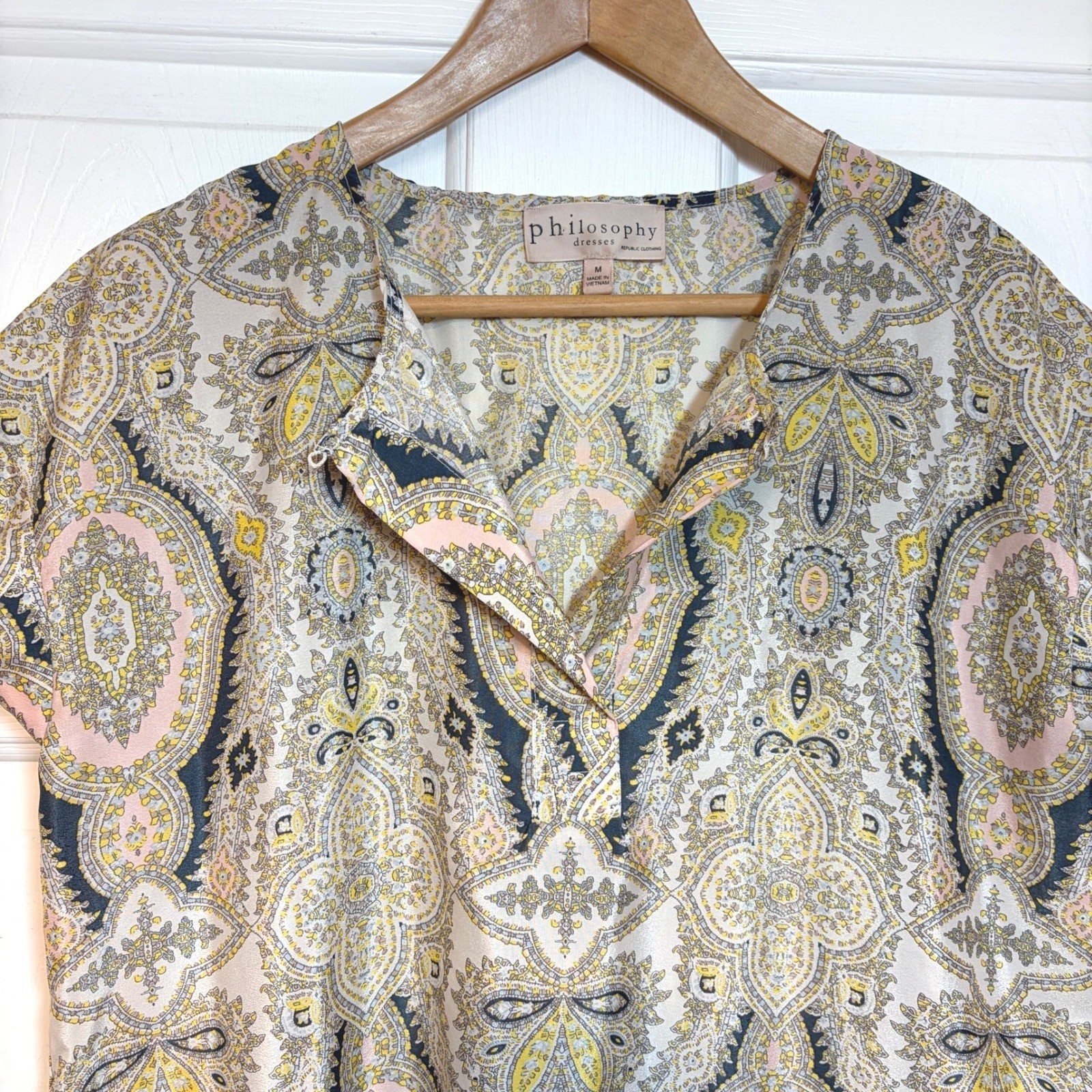 Philosophy Paisley Shift Dress Tan Yellow Pink Navy M Loose Relaxed Flowy Light