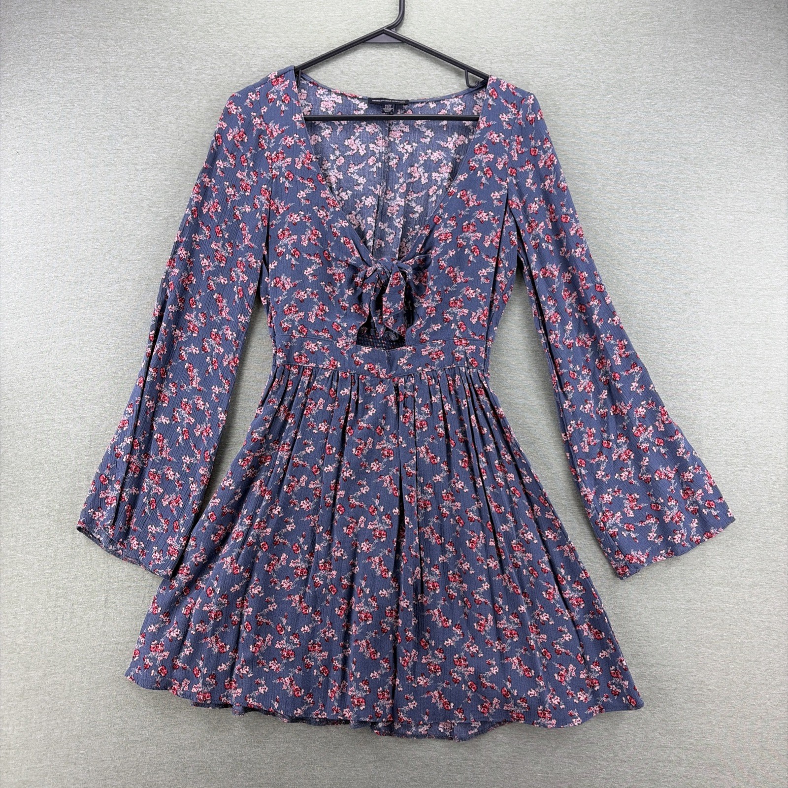 American Eagle Ditsy Floral Tie Cuff Keyhole Dress Womens XS Navy Cottage Core