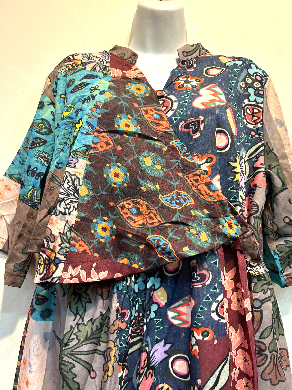 Nwt FUNKY STUFF hippie boho patchlike front wrap cotton/ poly DRESS XL Free ship
