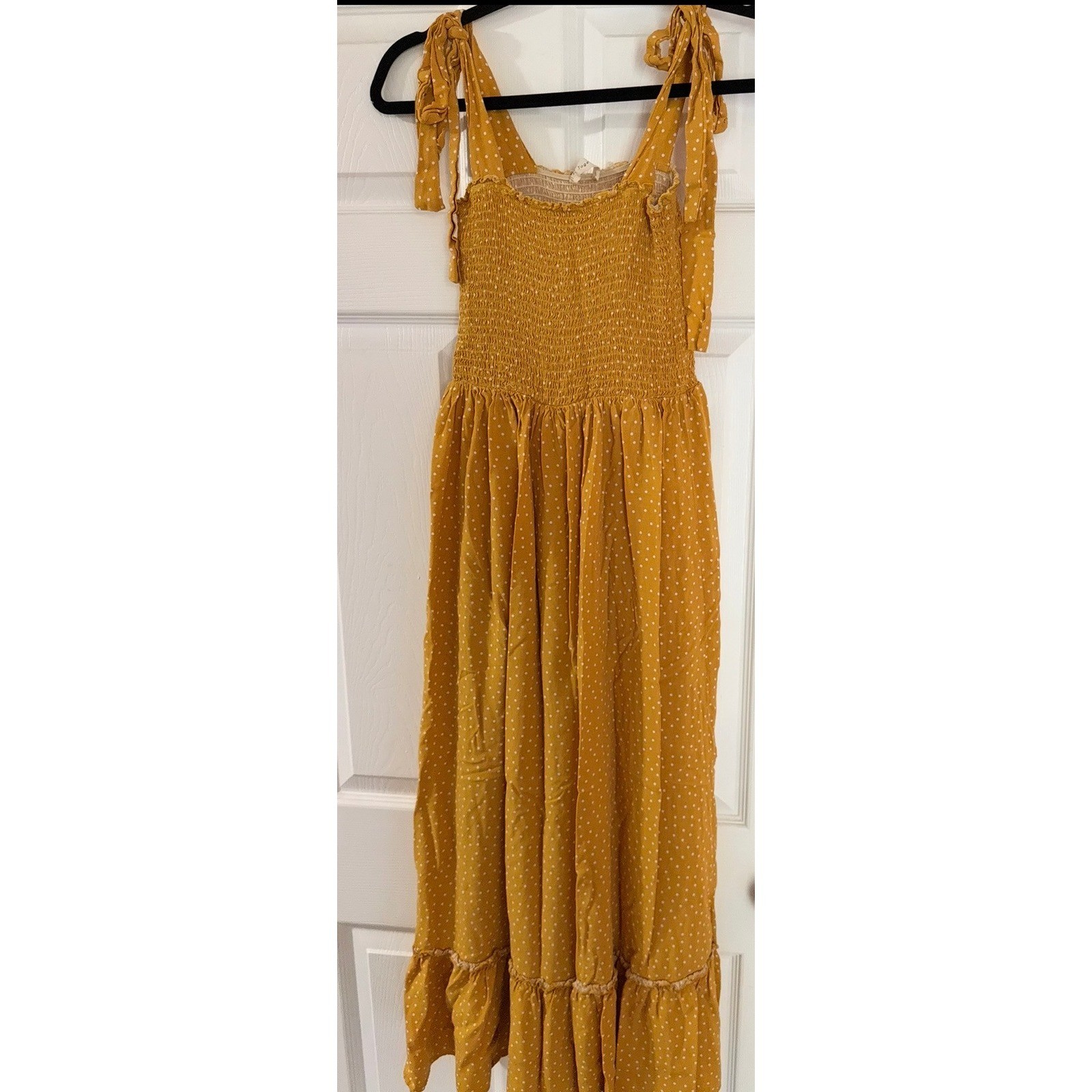 By Together Mustard Yellow Polka Dot Smocked Maxi Dress Tie Shoulder Small 0224