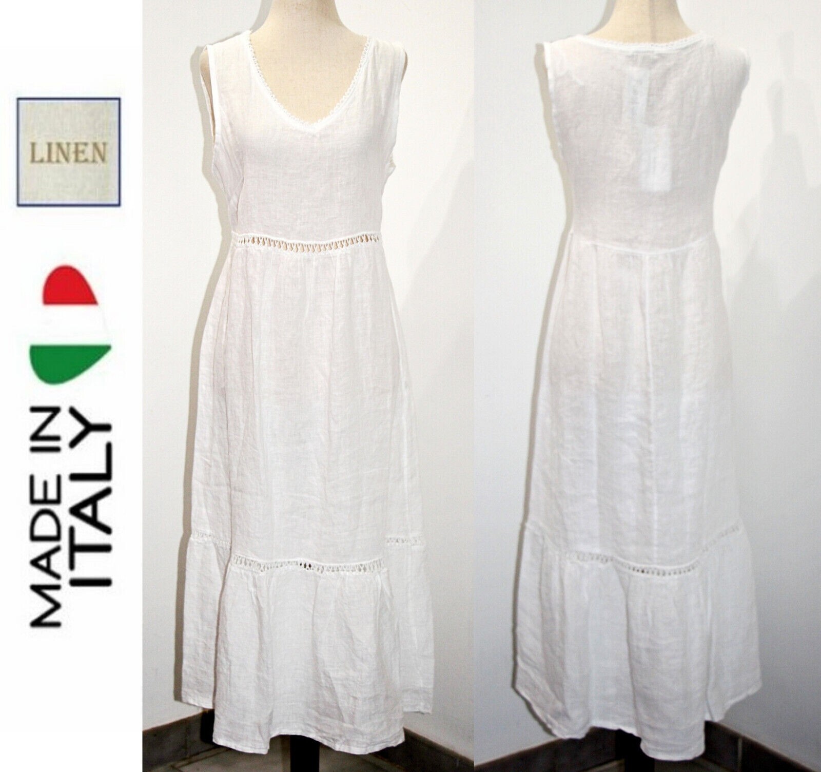 Valentina Naldi 100% Linen Crochet Trim Tiered Summer Dress sz M Made in Italy