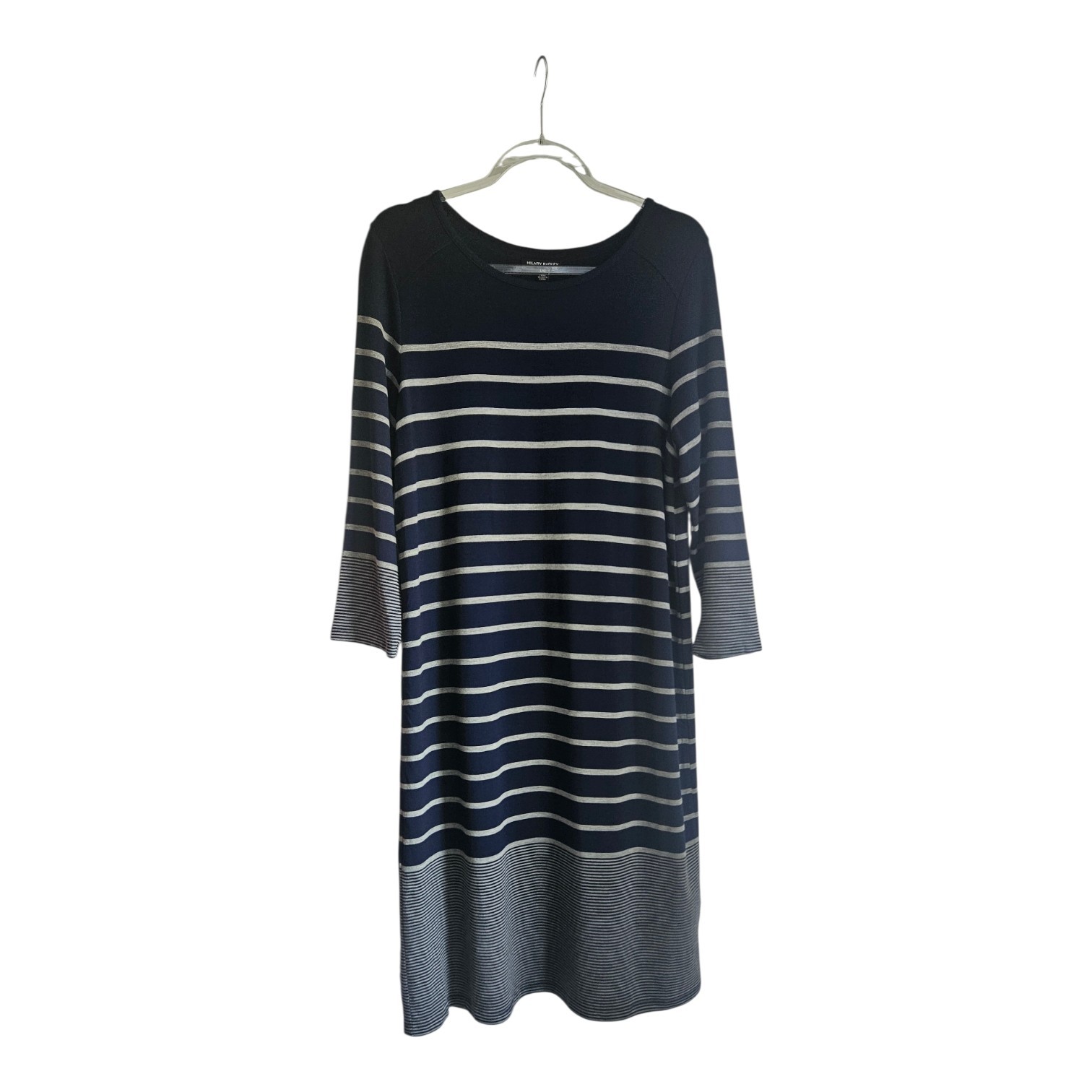 Hilary Radley Dress L Navy Grey Striped Knit Comfy Stretch Midi