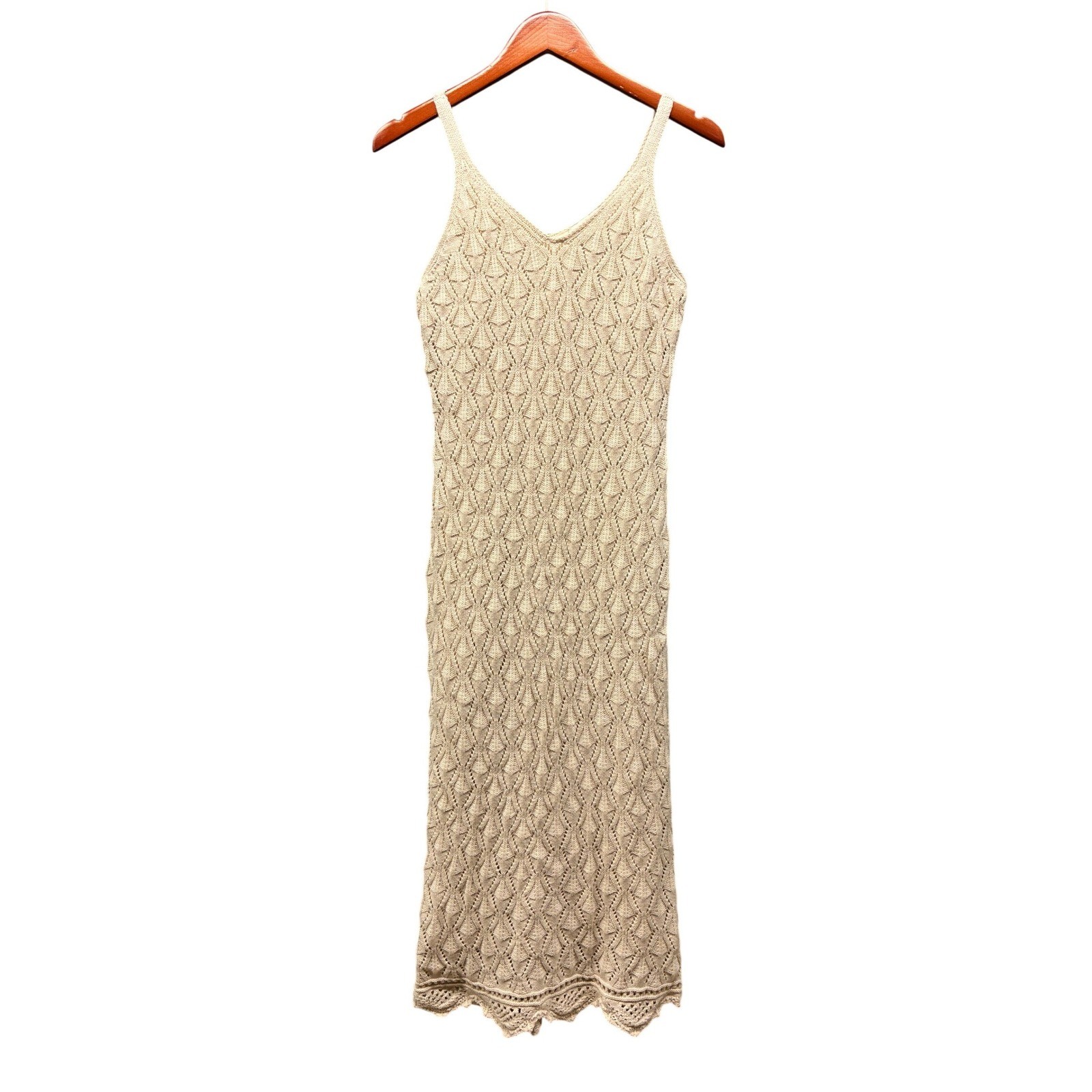 Freshman 1996 Pointelle Knit Midi Dress V Neck Boho Women’s L Beige NWT Casual