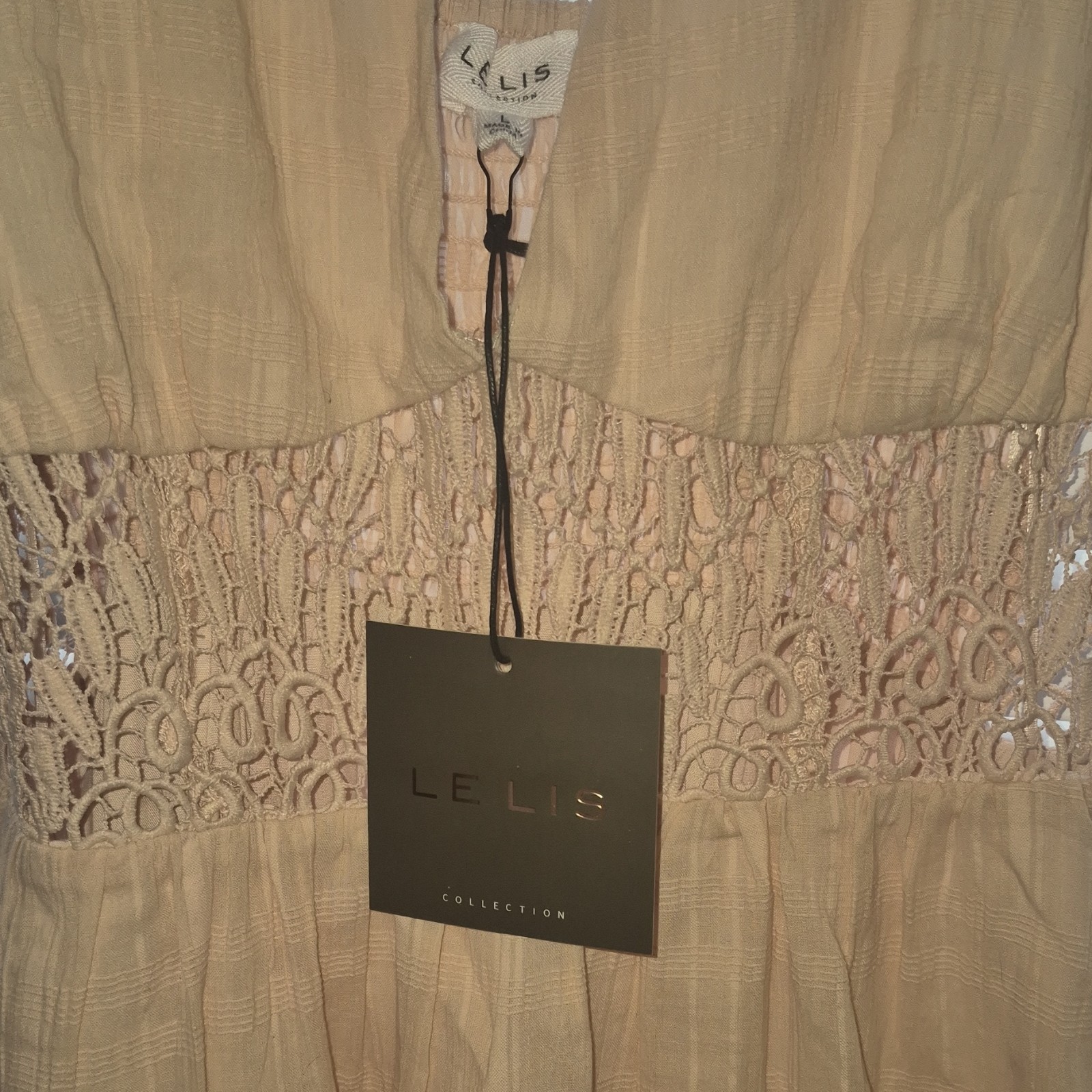 Le Lis Beige Crochet A-Line Dress Sleeveless V-Neck Pullover Size L