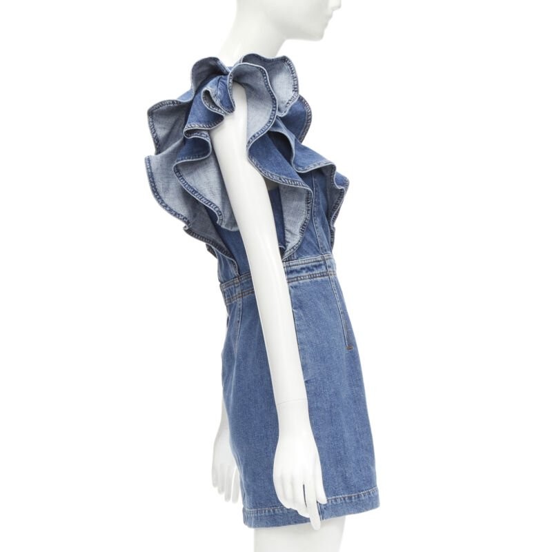 PHILOSOPHY DI LORENZO SERAFINI blue denim ruffled plunge neck dress IT38 XS