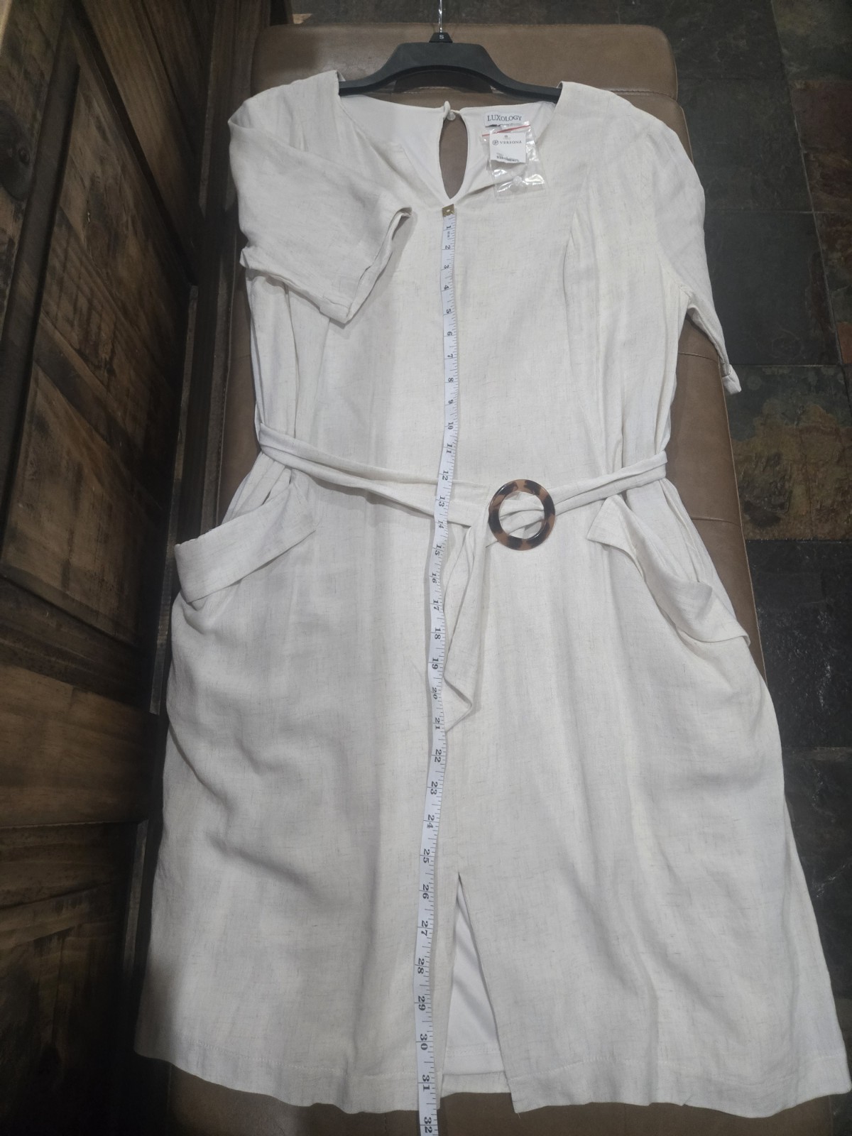 NWT, VERSONA cream Color Belted Dress With Pockets, Excellent! Smoke Free Home!
