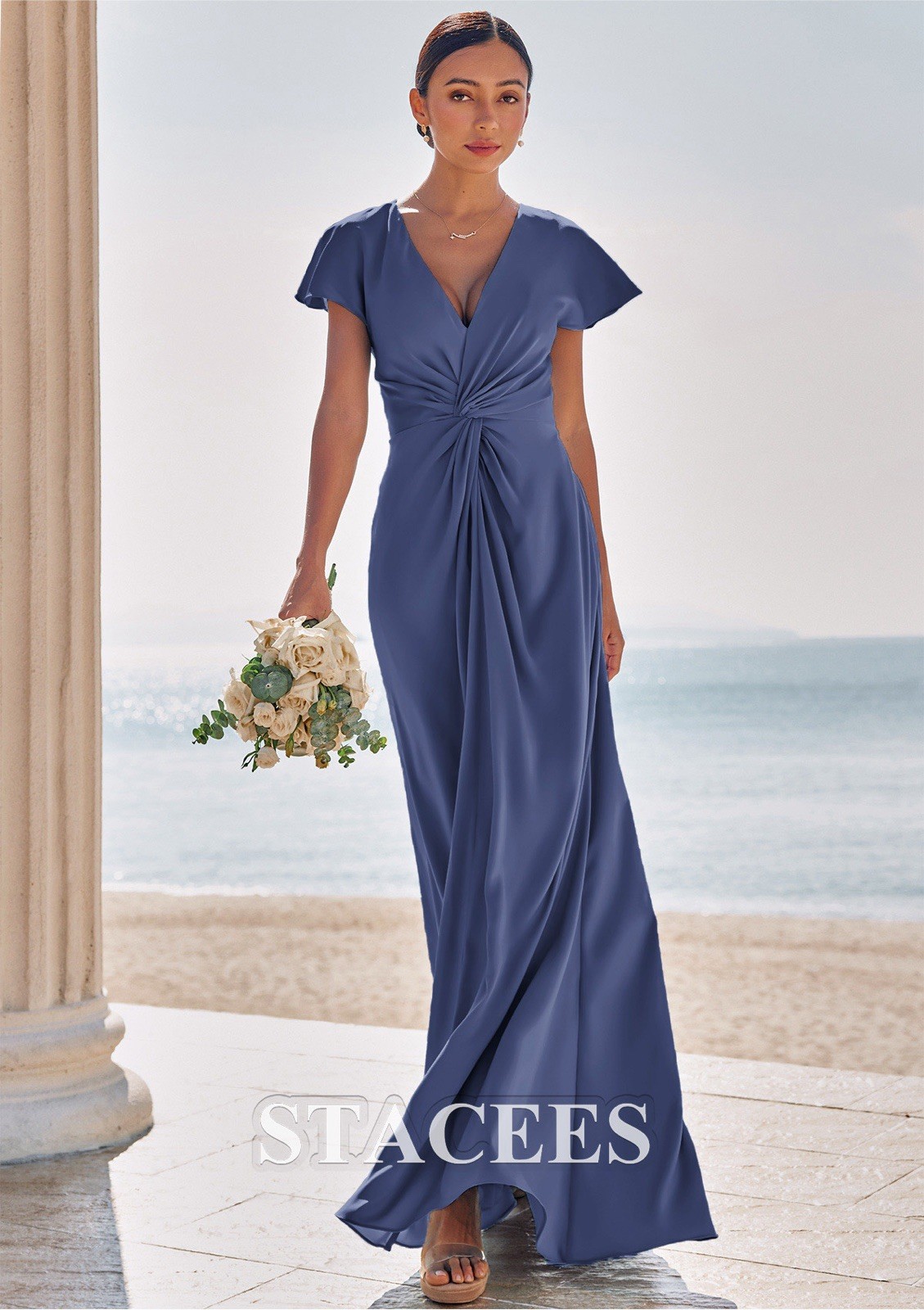 Stacees Bridesmaid Mother Of The Bride Maxi Dress Satin Stormy Size 8-10