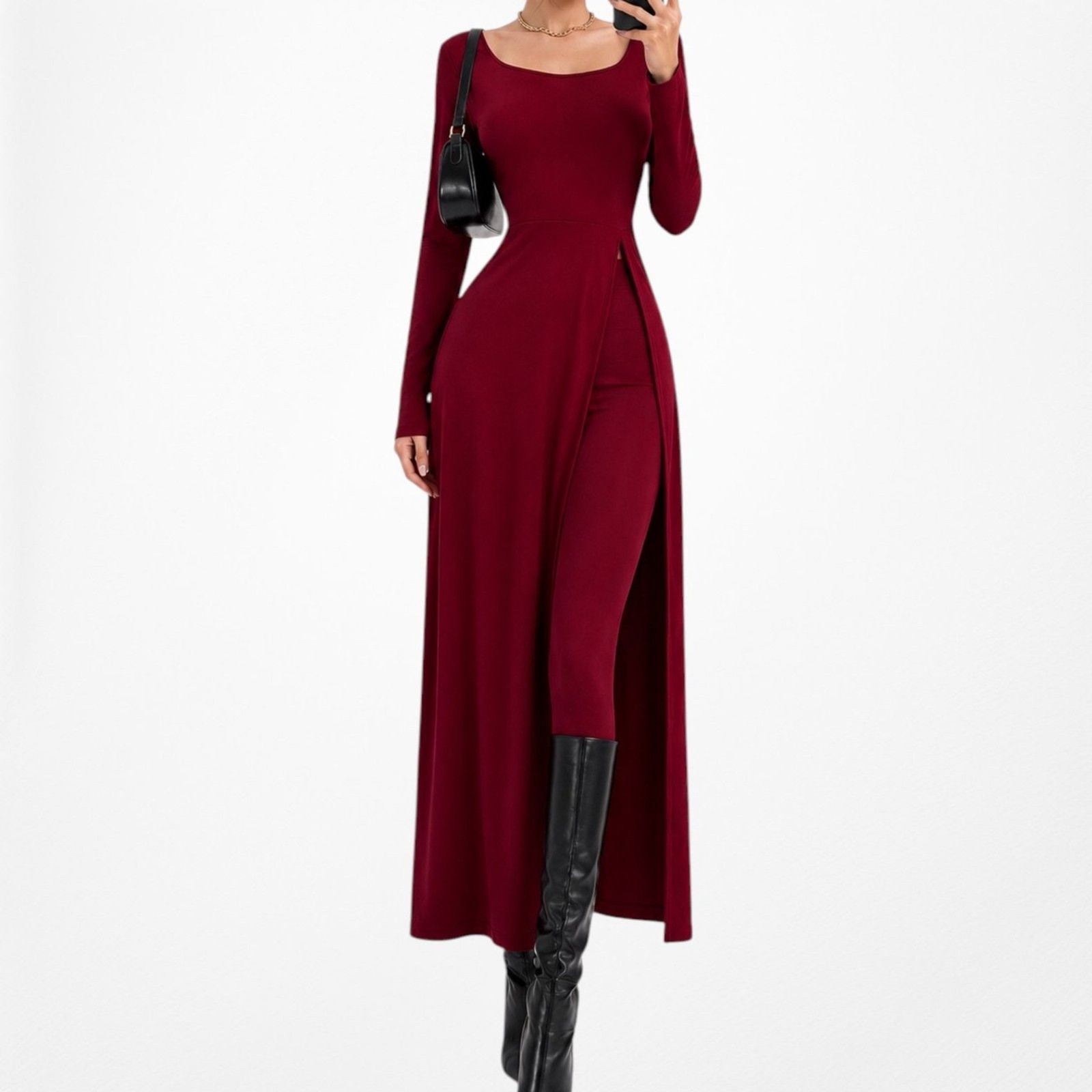 Red Long Sleeve Casual Knit Midi Bodycon Dress Skinny Legging Pants Set Size M