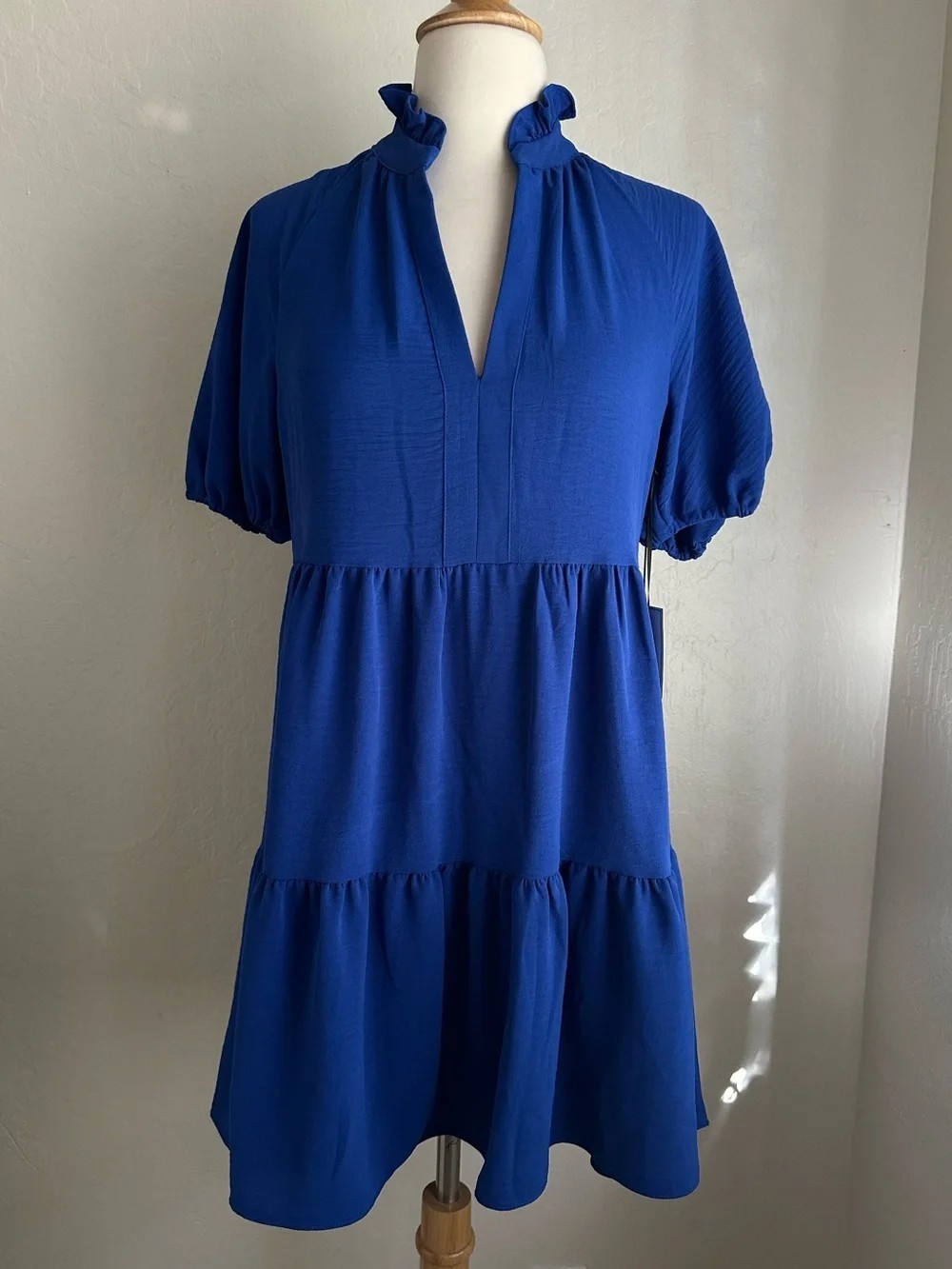1.STATE Ruffle Sleeve Dress Smocked Waist Tiered Mini Dress Royal Blue S