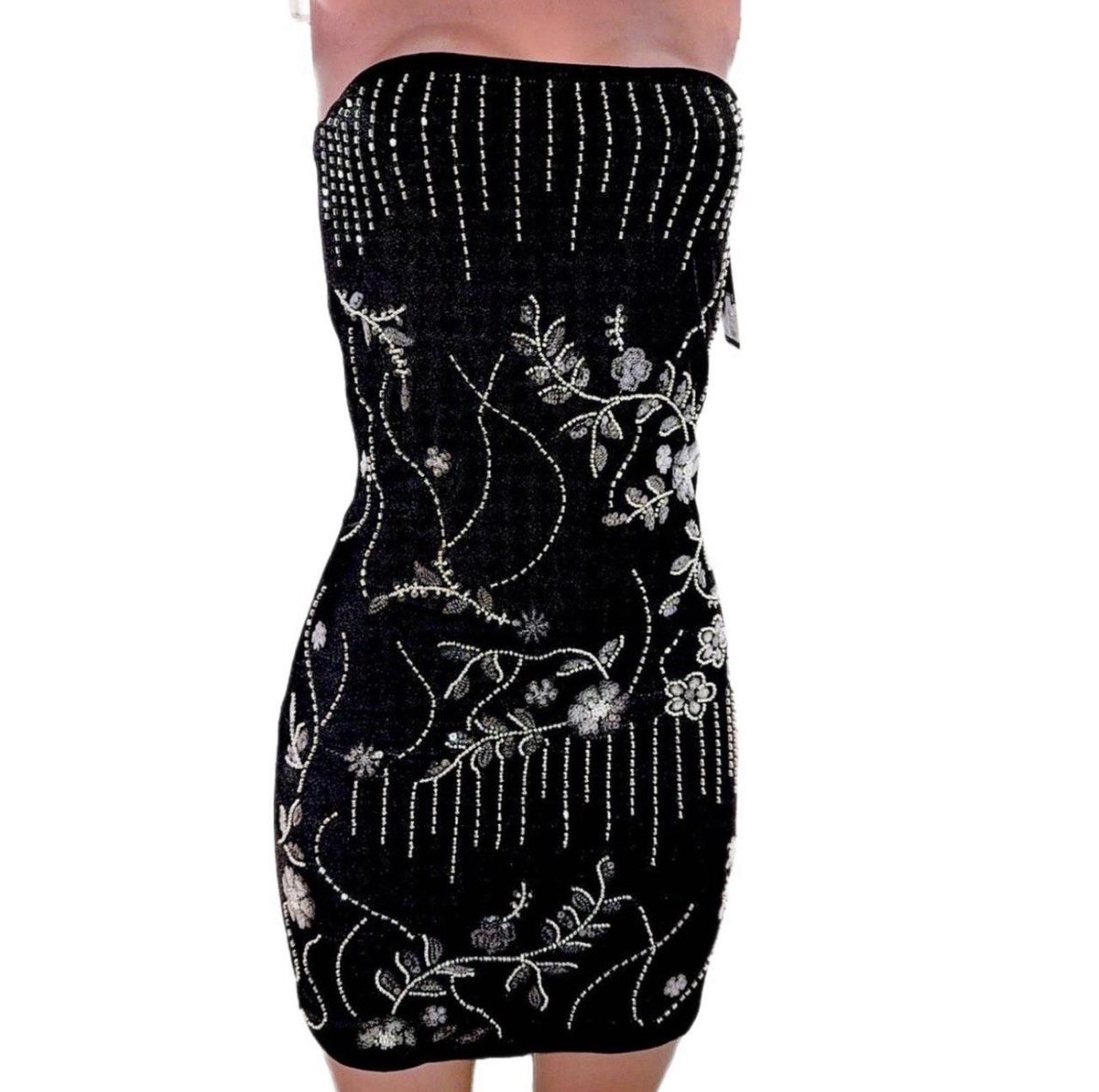 Forever 21 Black Floral Beaded Bodycon Strapless Mini Dress L Going Out Glam New