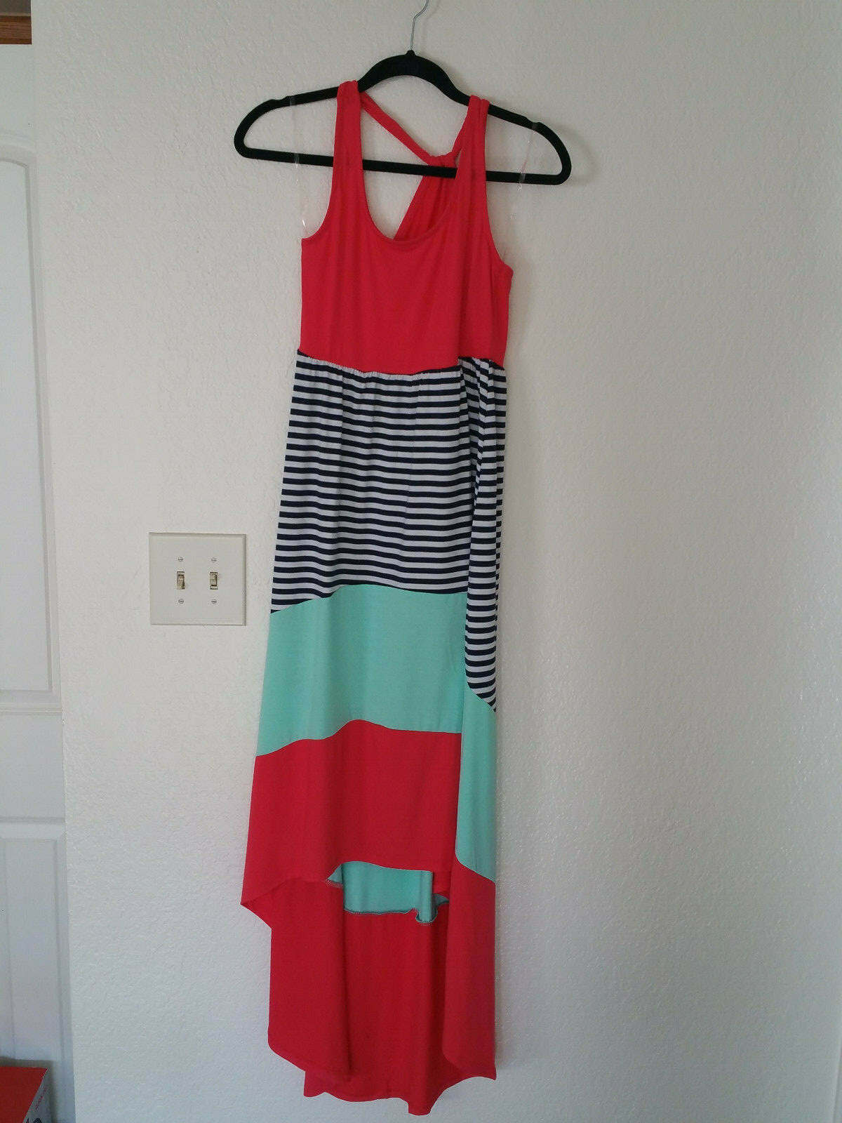 NEW Mossimo Sleeveless Maxi Dress Blazing Coral Striped Belted Hi Lo Small S