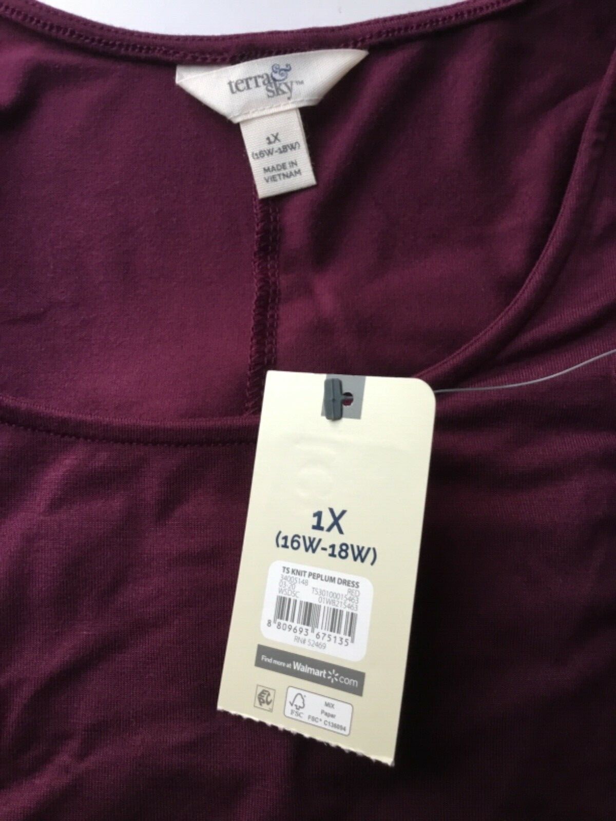 NEW Terra Sky Womens Burgundy Long Sleeve Peplum Dress 1X 2X 3X 5X Stretch Knit