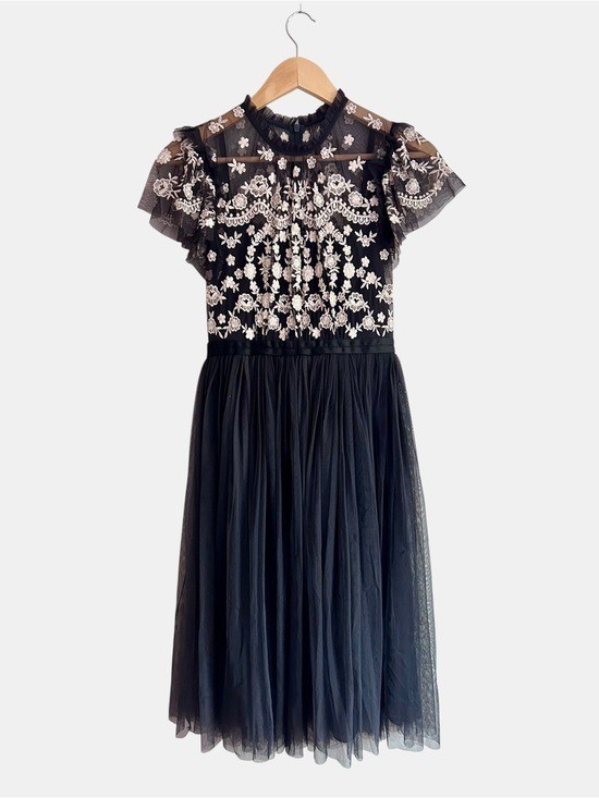 Needle & Thread Embroidered Tulle Midi Dress Black Cream Floral Wedding Guest 2