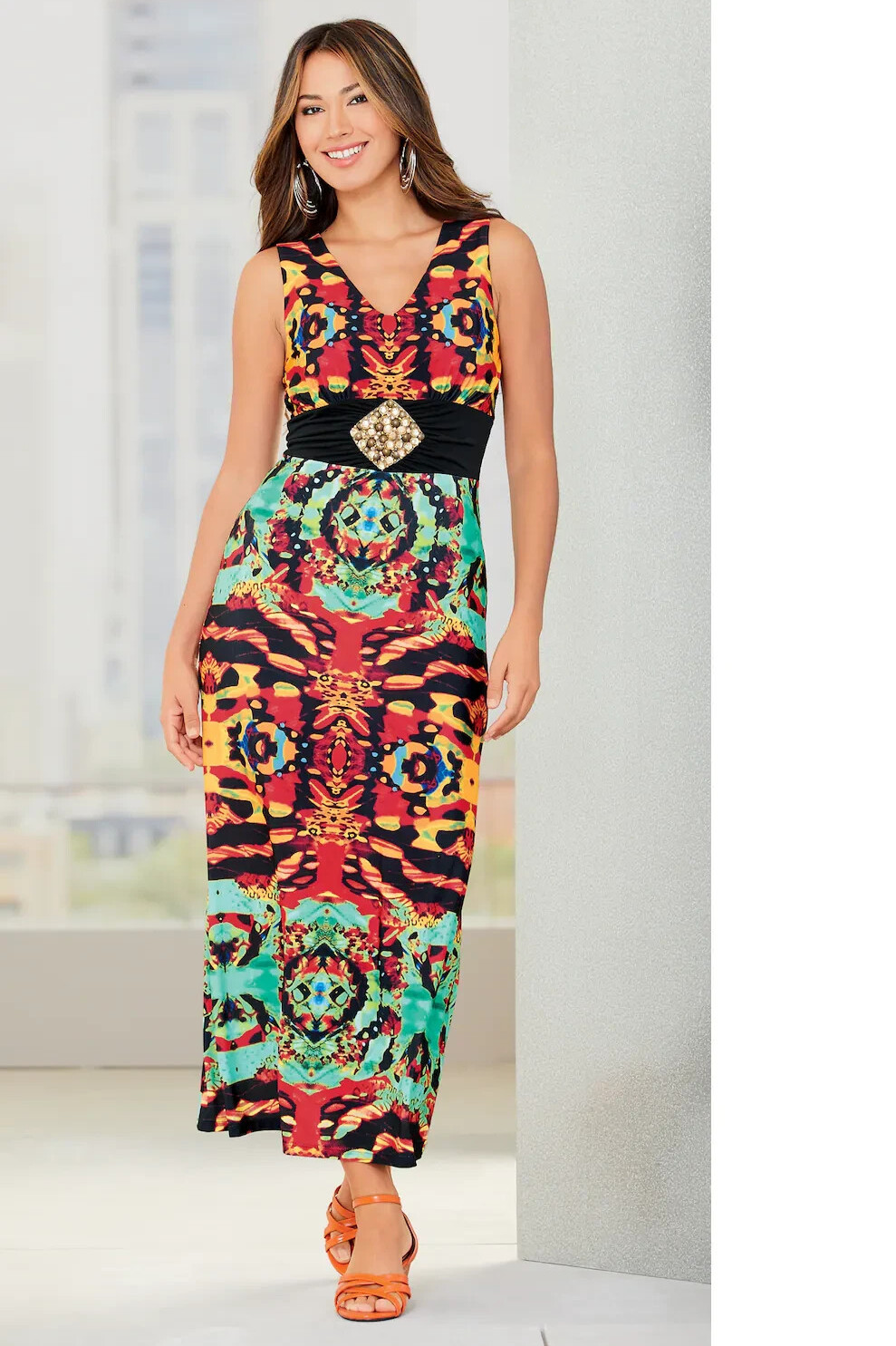 Size 3X PLUS Monroe and Main Black Turquoise Red Bold & Bright Maxi Dress