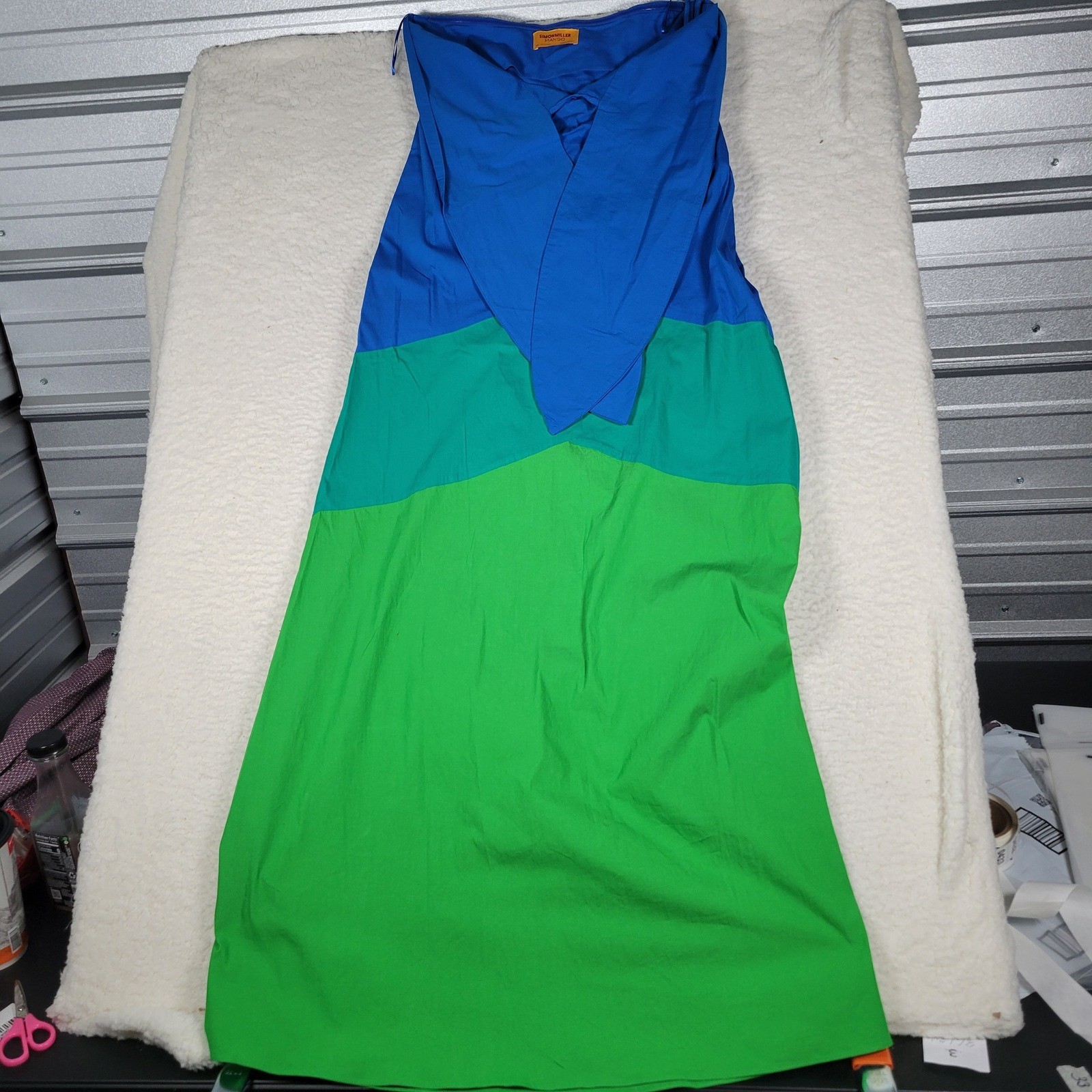 Simon Miller Mango Dress Womens S Blue Green Colorblock Strapless Wrap Midi Knot