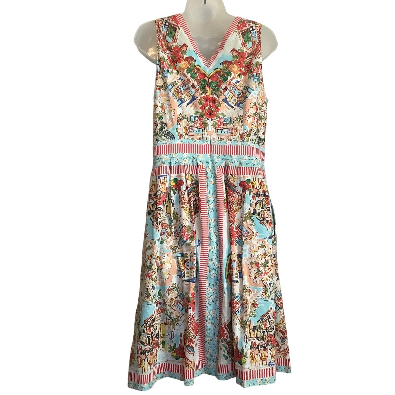 Talbots Mediterranean Cafe Novelty Print Sleeveless Cotton Dress Multi Color 10