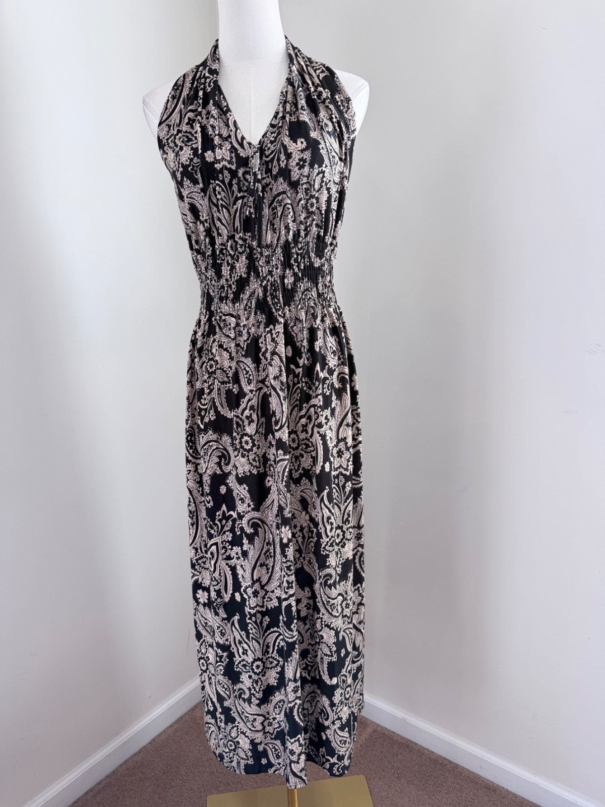 Seven Islands Womens L Black White Paisley Halter Maxi Dress Smocked NWT Resort