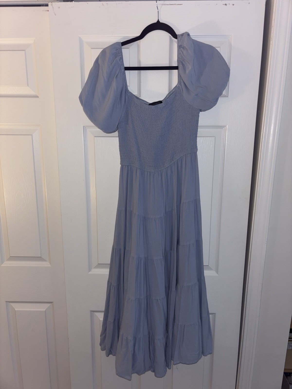 ZESICA Blue Smocked Puff Sleeve Tiered Square Neck Midi Dress Women’s M