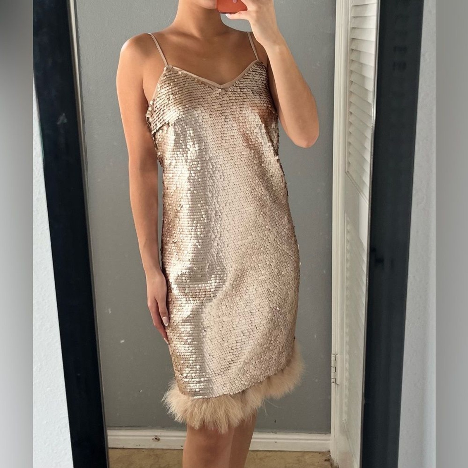 NWT CeCe gold sparkly Sequin Feather Trim sheath Dress 6 Party Glam night out