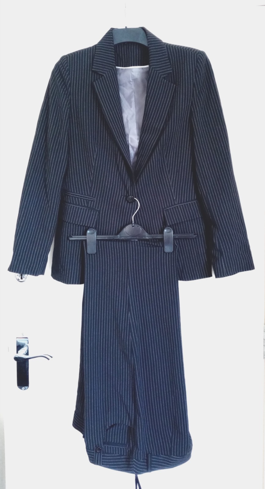 WOMEN’S NEW LOOK BLACK STRIPPED 2 PIECE OFFICE TROUSERS SUIT JACKET SIZE 14