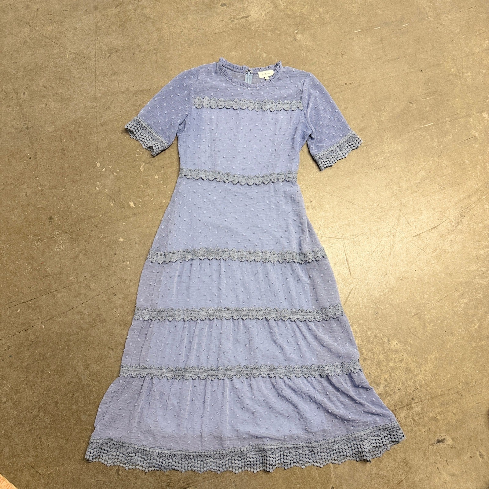 Bohme Blue Swiss Dot Lace Trim Tiered Midi Dress Womens Medium Periwinkle Boho