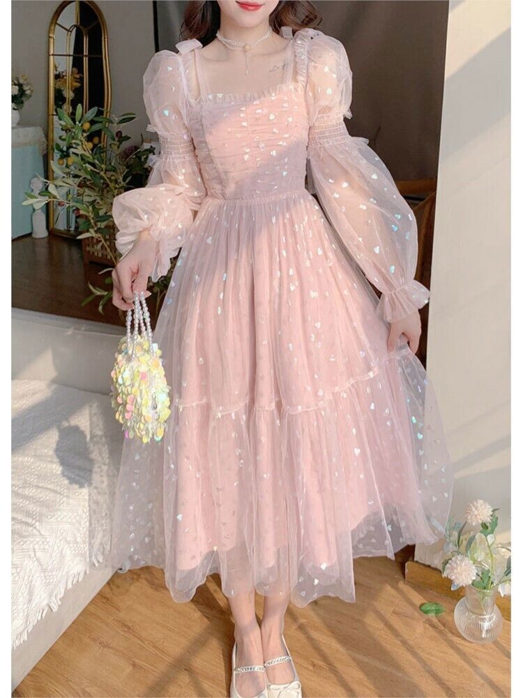 Kawaii Clothing Lolita Vintage Dress Party 2022 Summer Lace Fairy Midi Dress