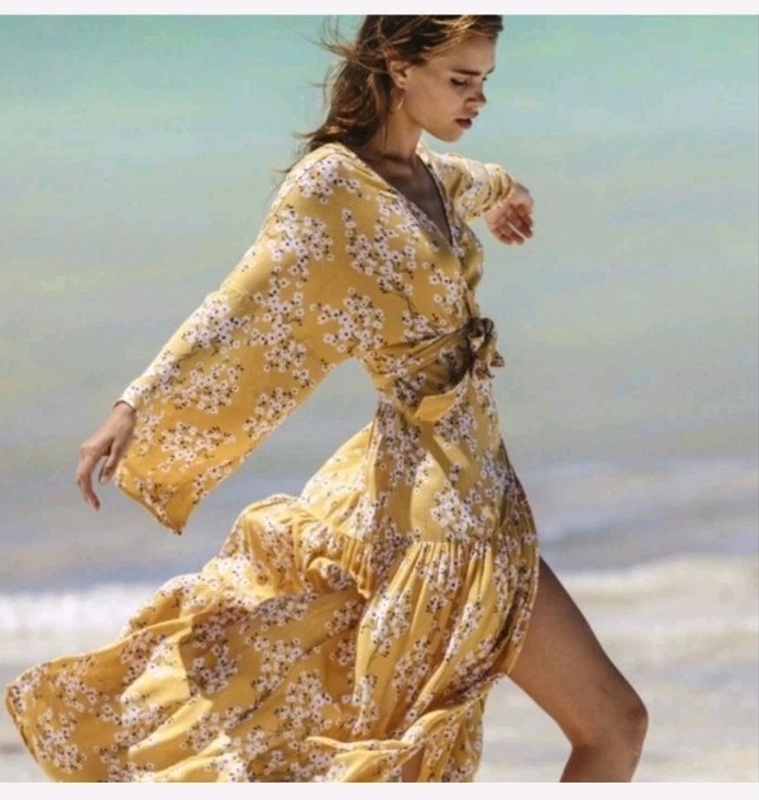 Billabong XS My Favorite Golden Hour Floral Wrap Maxi Dress $109 NWOT Tan & Pink