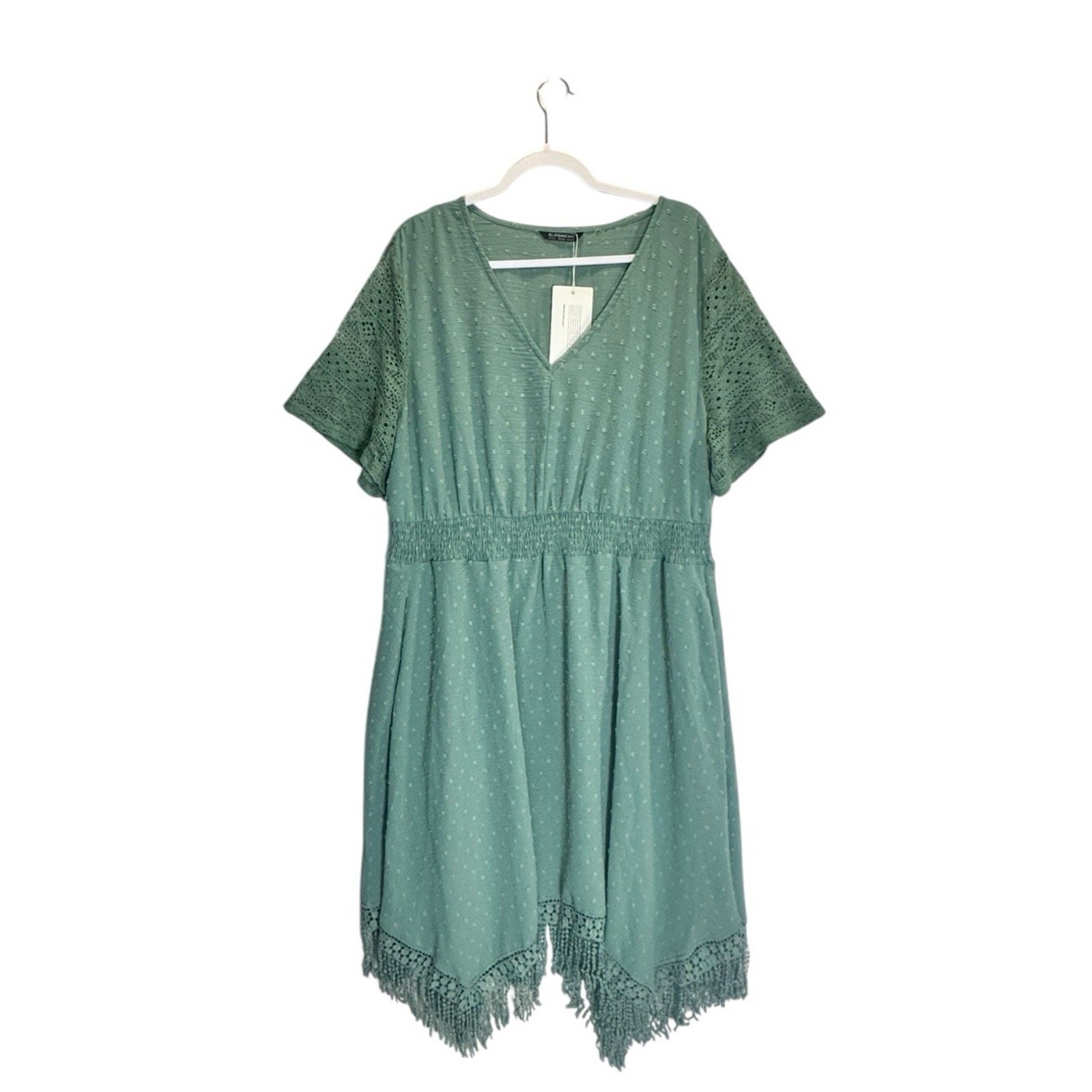 BloomChic Womens Sage Green Swiss Dot Boho Dress Crochet Fringe Plus Size 18-20
