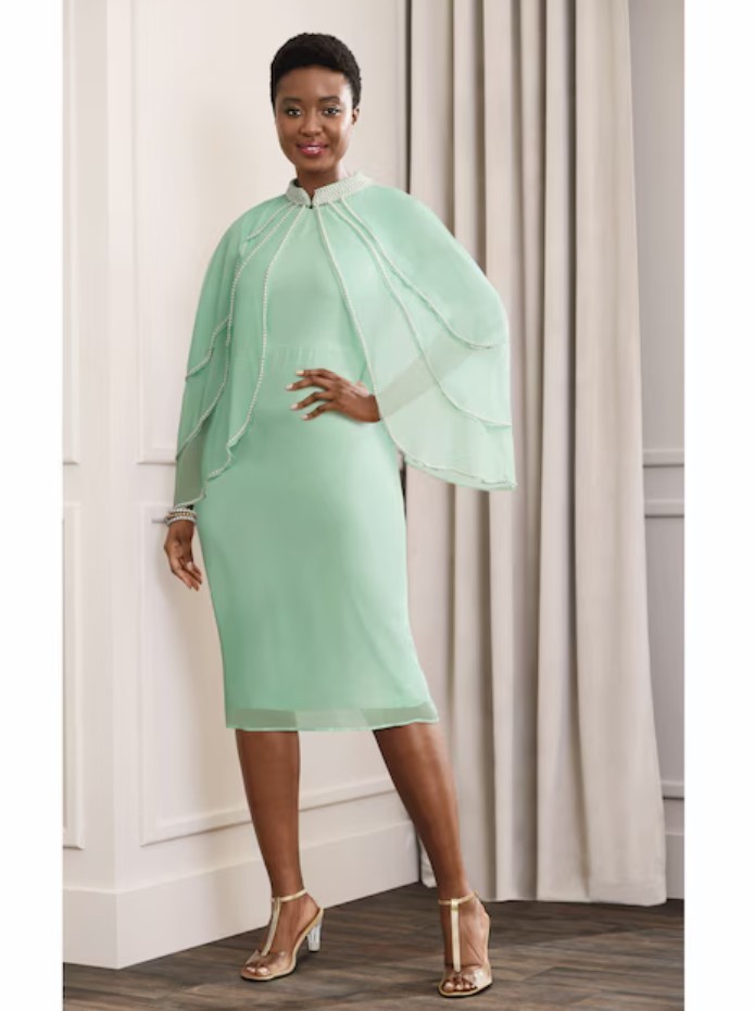 12 Ashro Green Formal Wedding Church Party Pearl Trim Cape Jacket Dress