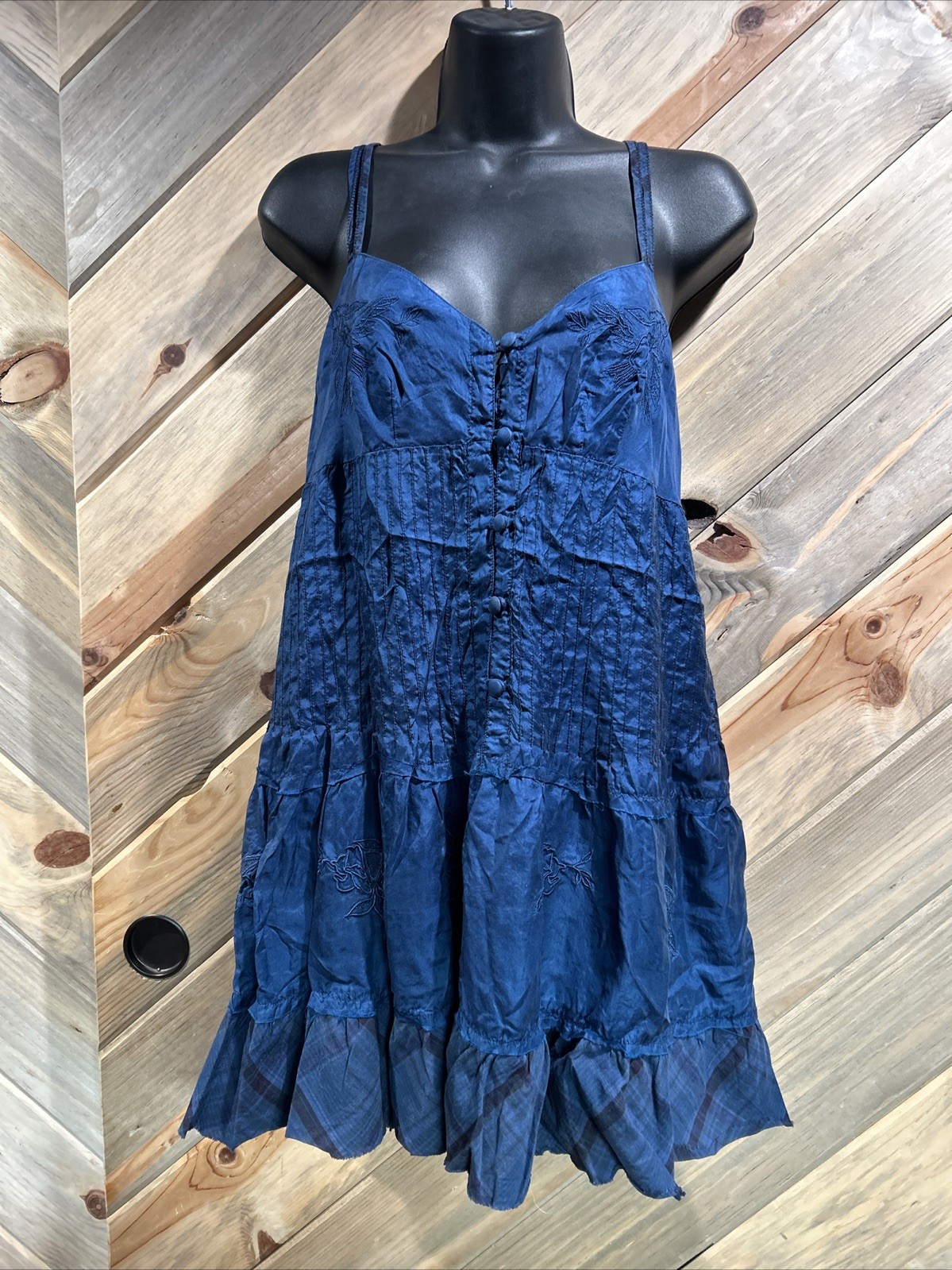Rare Vintage FP Silk Embroidered Blue Bird Button Tuxedo Panel Plaid Ruffle Mini