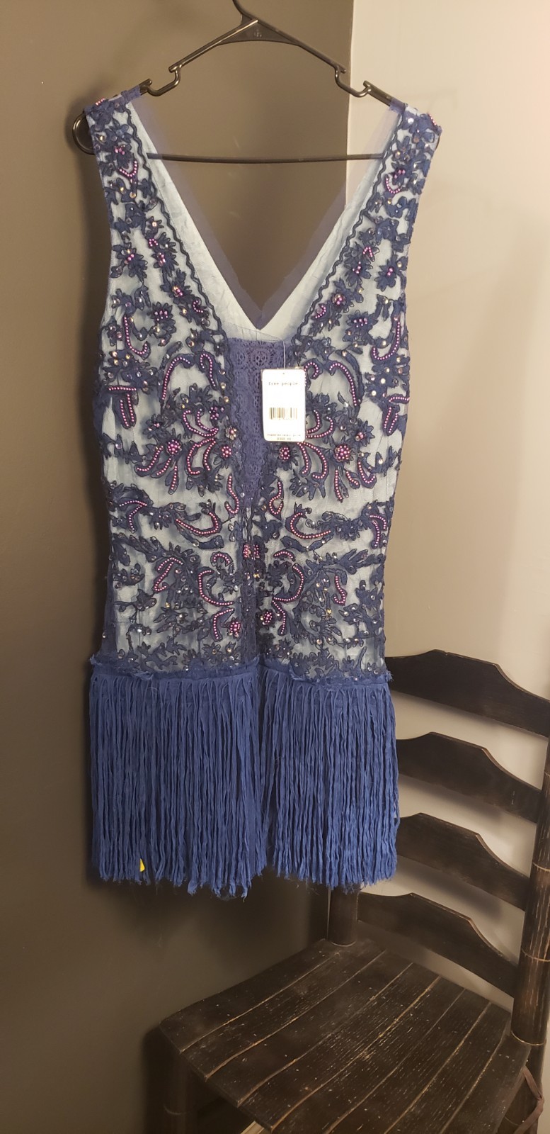 Free People Women’s 12 Blue Purple Lace Mesh V-Neck Beaded Fringe Sheath Dress