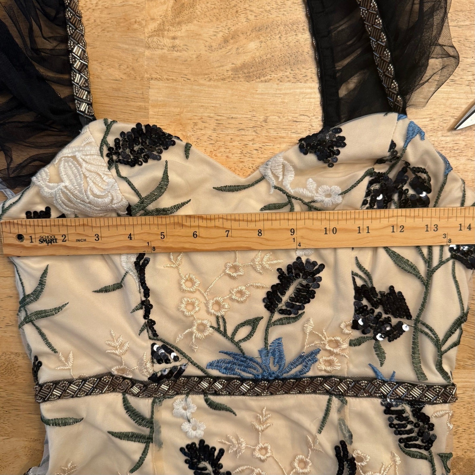 Lulus Embroidered Tulle Midi Dress S Beige Blue Black Floral Sequin Ruffle Strap