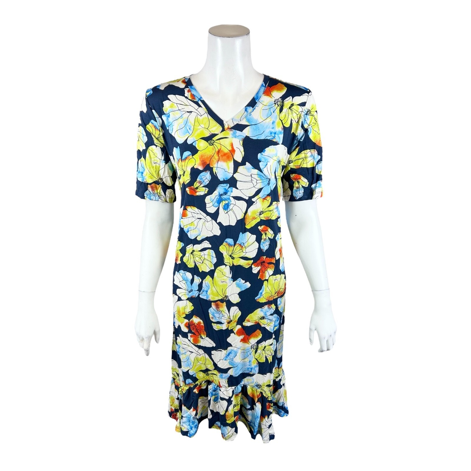 LOGO by Lori Goldstein Regular Rayon 230 Elbow Sleeve Dress Ink Floral Small Sz