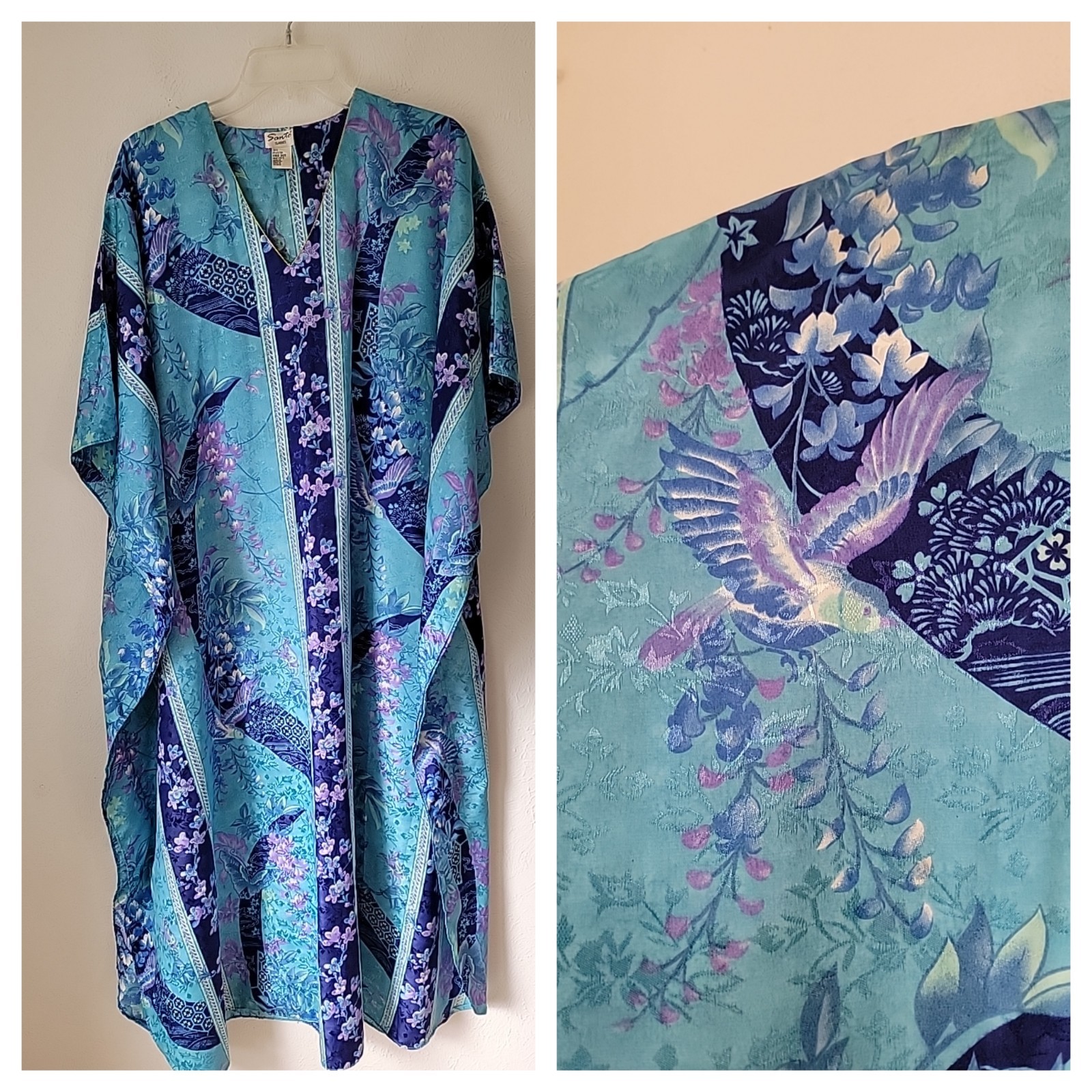Sante Classics Womens Kaftan MuMu Housedress Teal Purple Bird Butterfly O/S