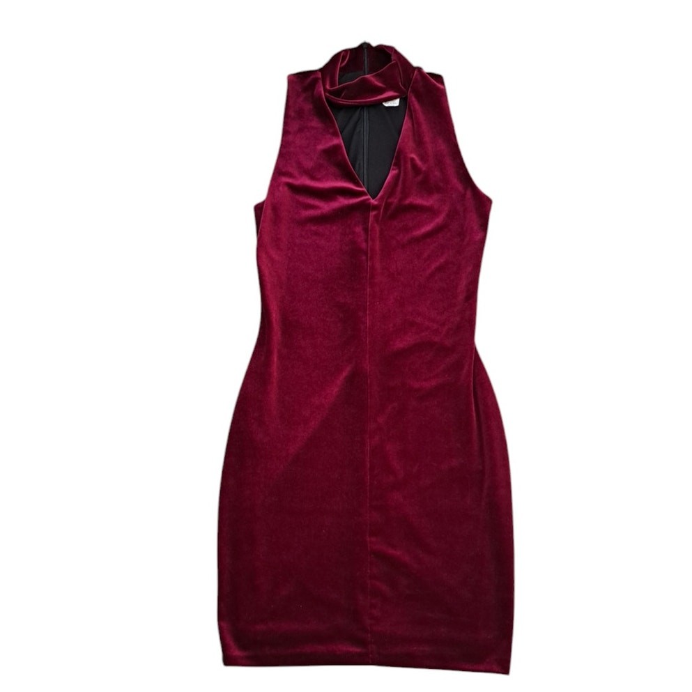 Love..ady Maroon Velvet Sleeveless Stand Up Collar With V Cut Dress Size Small