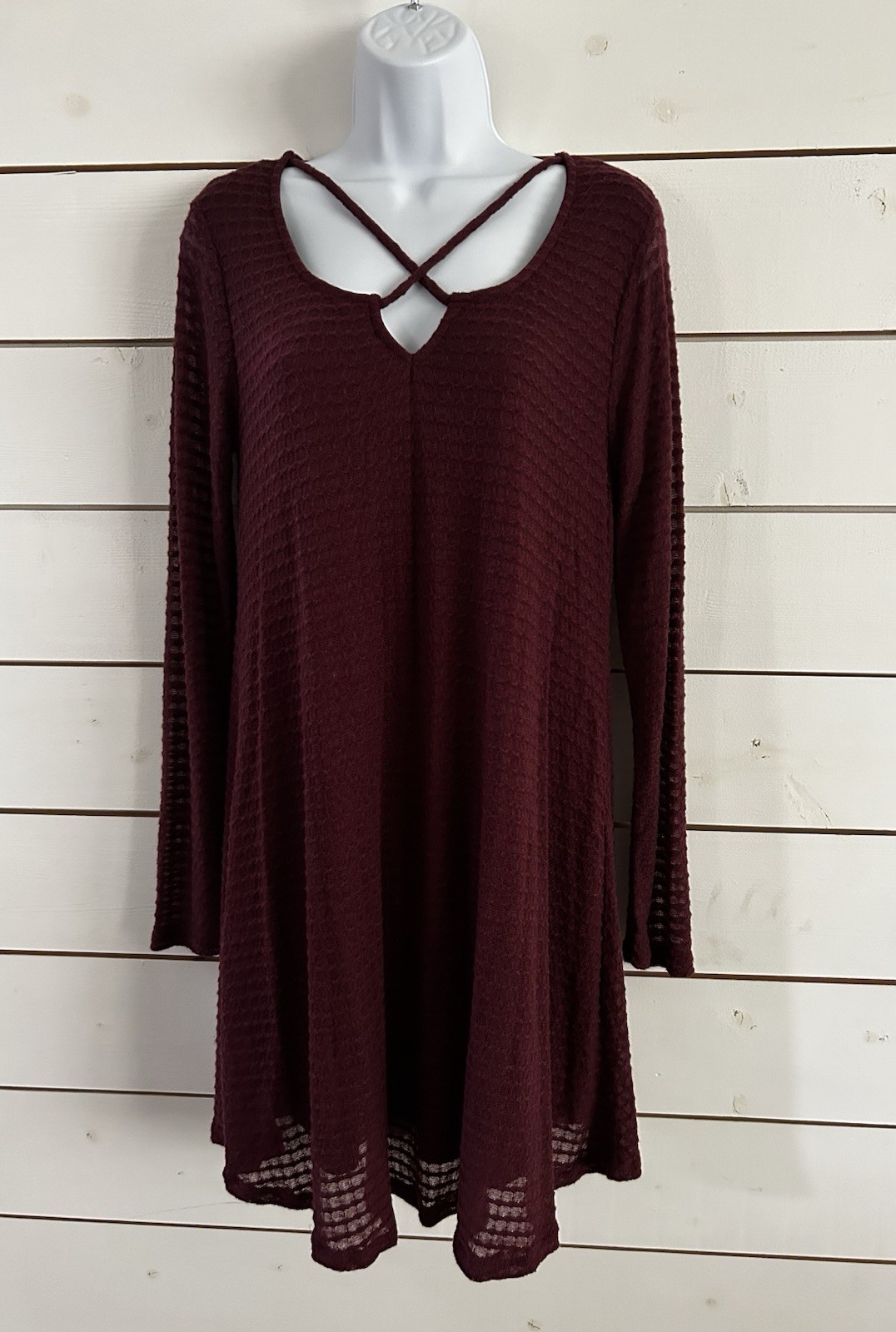 NWT Francesca’s Ayla Wine Long-Sleeve Waffle Knit Swing Dress Women’s Medium