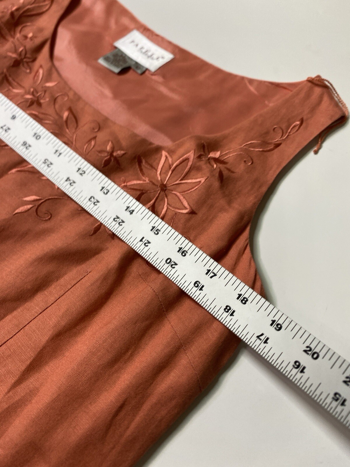 Papell Boutique Embriodered Sheath Dress Coral Linen Blend Size 12 Boho Floral