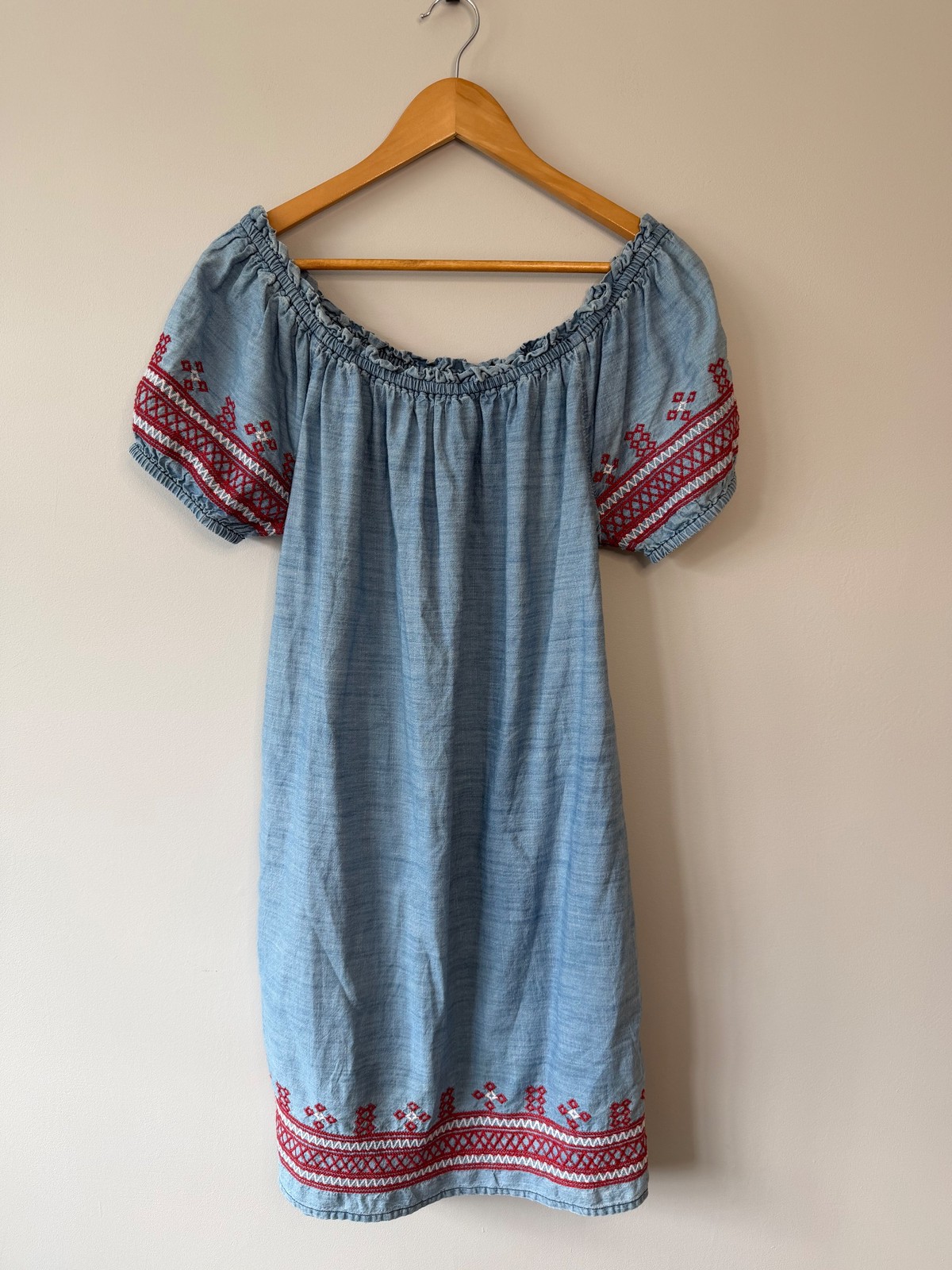 Tu Chambray Off-Shoulder Mini Cotton Dress Embroidered UK 8