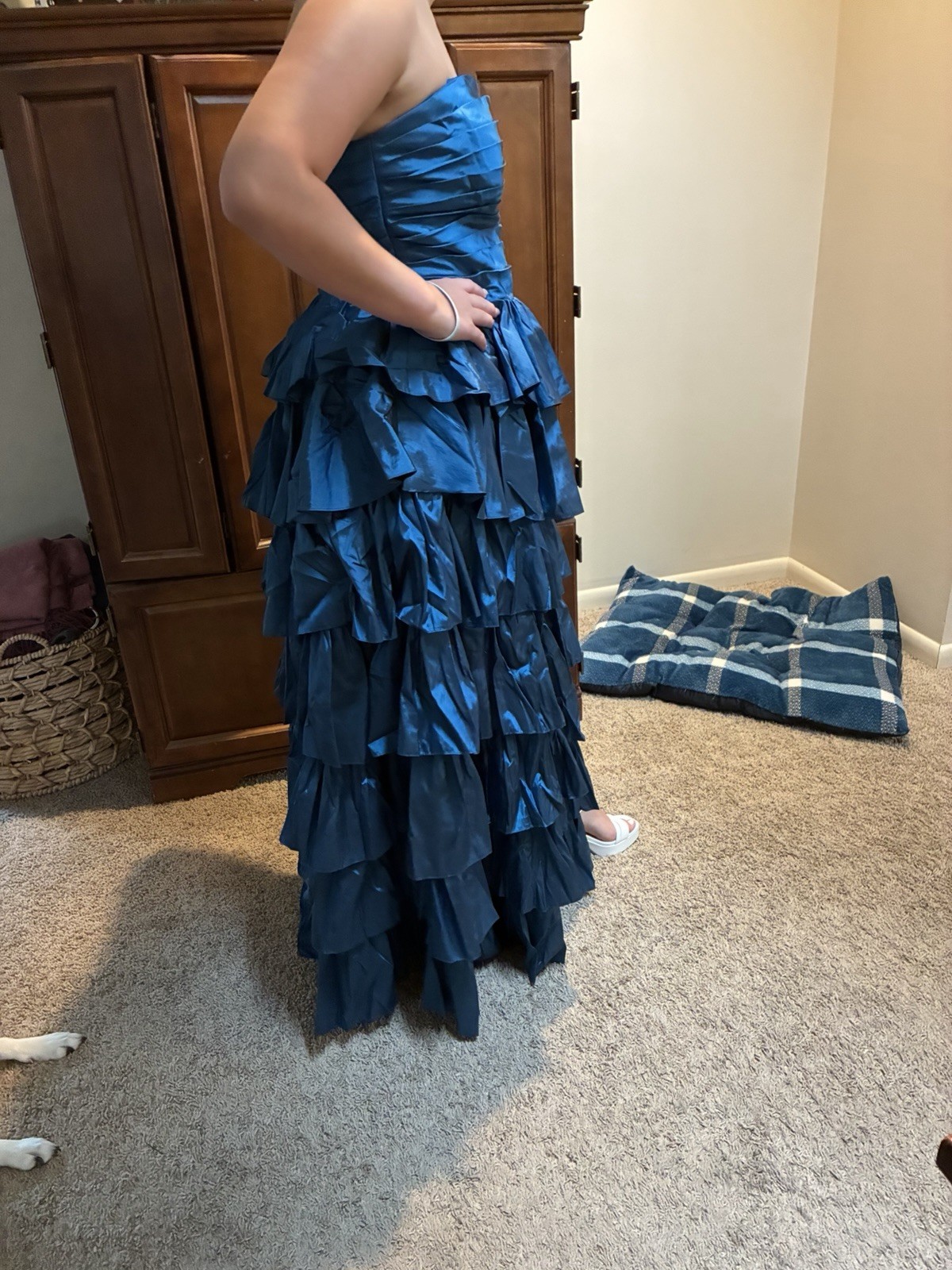 Women’s Strapless Blue Solid Ruffle Layered Asymmetric Long Gown Dress 10