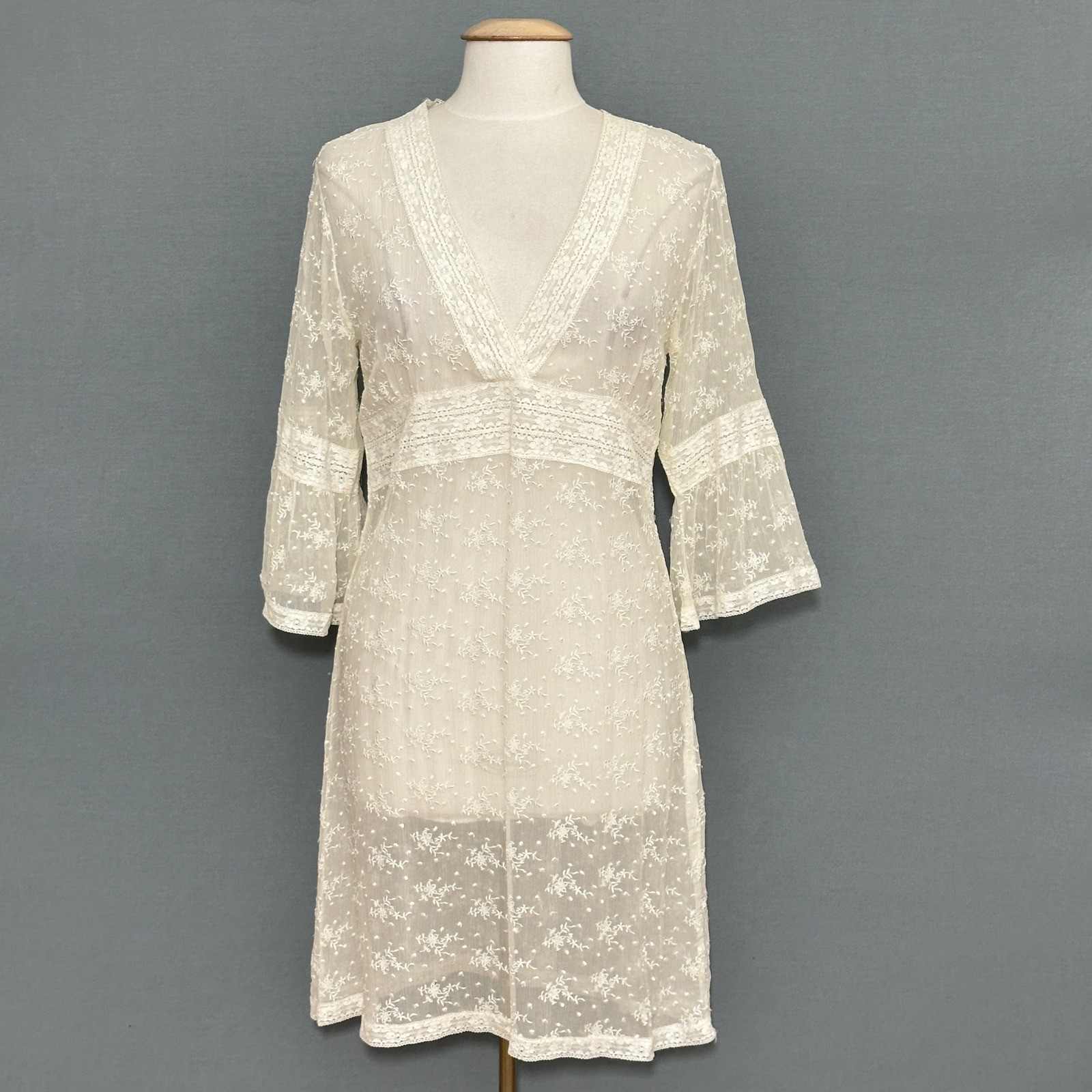 Gold Hawk Women Dress L Ivory 100% Silk Sheer Embroidered Lace Ethereal Romantic