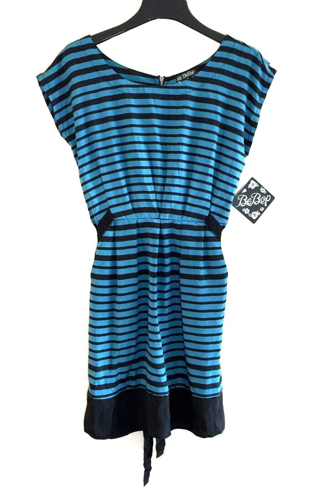 New Be Bop Dress Striped Teal Black Size Medium Belted Detail Cute