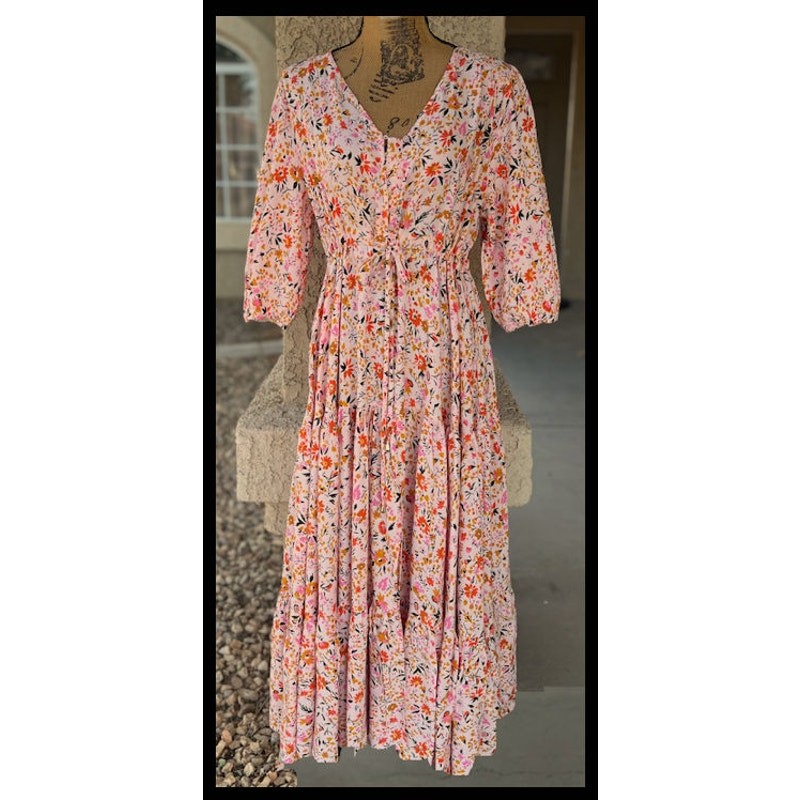 Petal & Pup Floral Button Front Drawstring Waist Tiered Kelda Midi Dress Size L