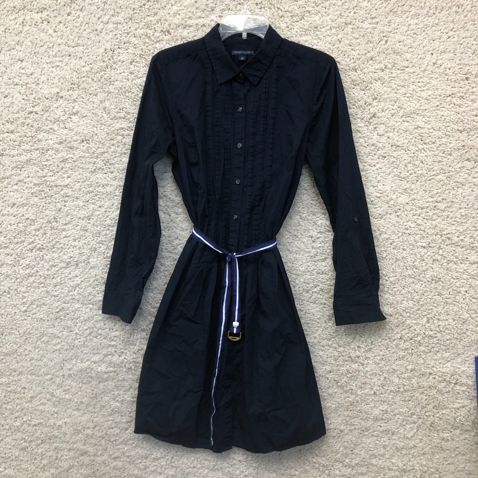 Tommy Hilfiger Shirt Dress Large Navy Blue Preppy Classic Pintuck Belted Solid L