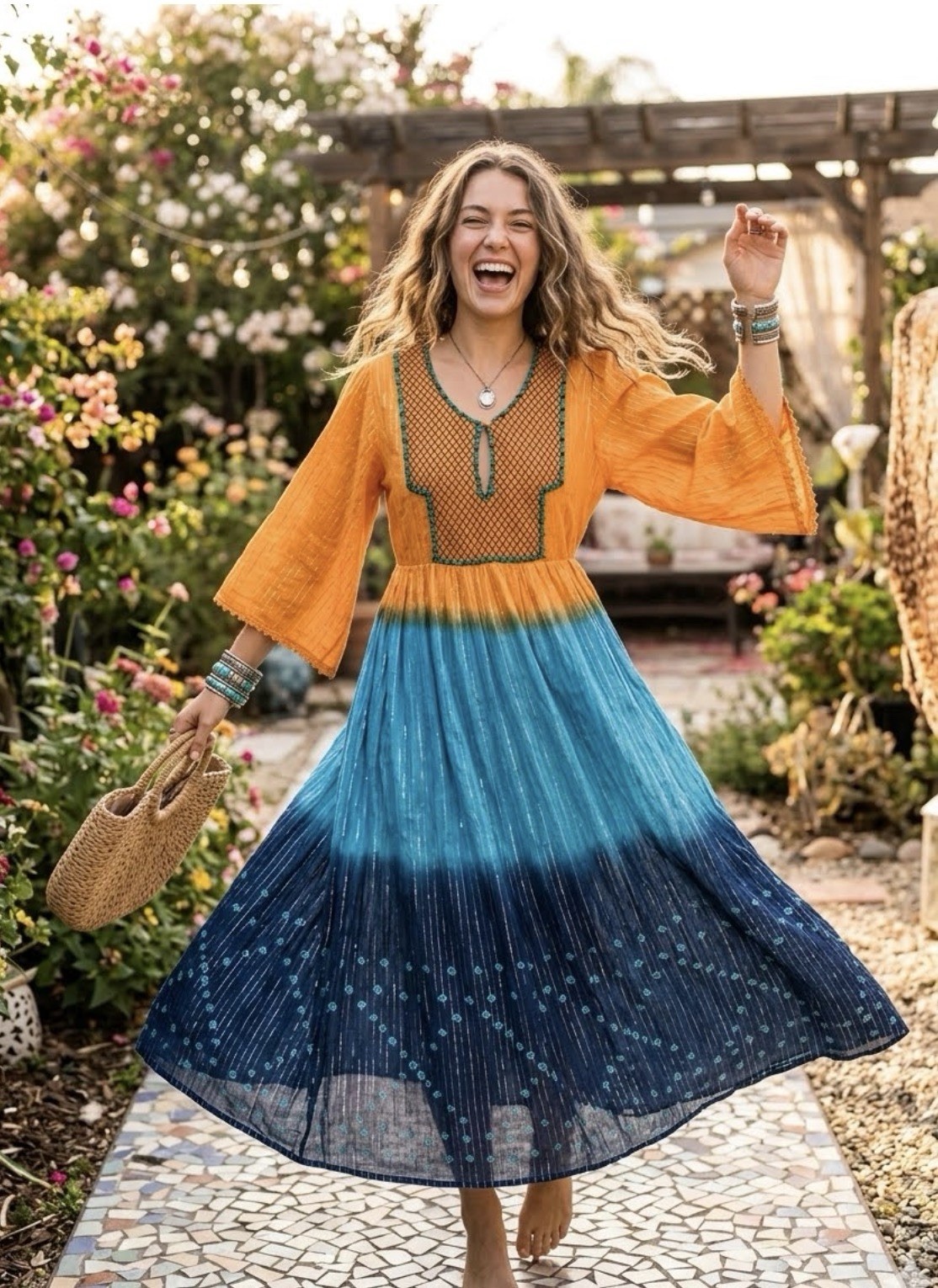 NOVICA Orange Blue Ombre Embroidered Maxi Dress S Lined 3/4 Bell Sleeve