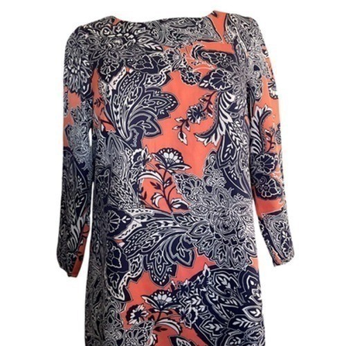 The Limited Womens Paisley Floral Shift Dress 3/4 Sleeve Coral Navy Blue XS