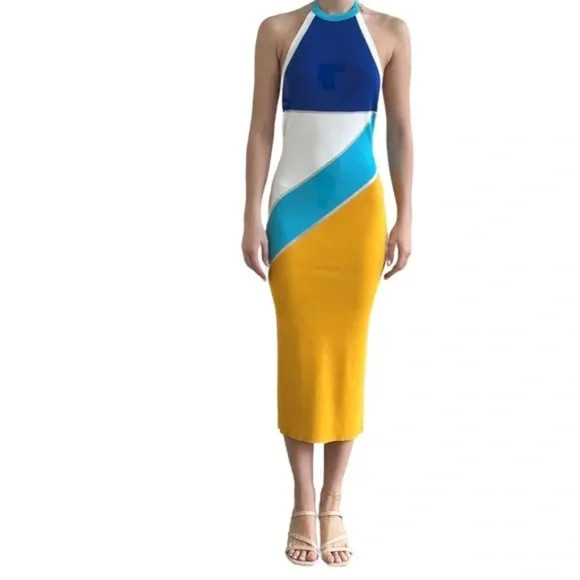 NEW Solid & Striped Dress Low Back Blue Yellow Midi Knit Stretch Bodycon Small