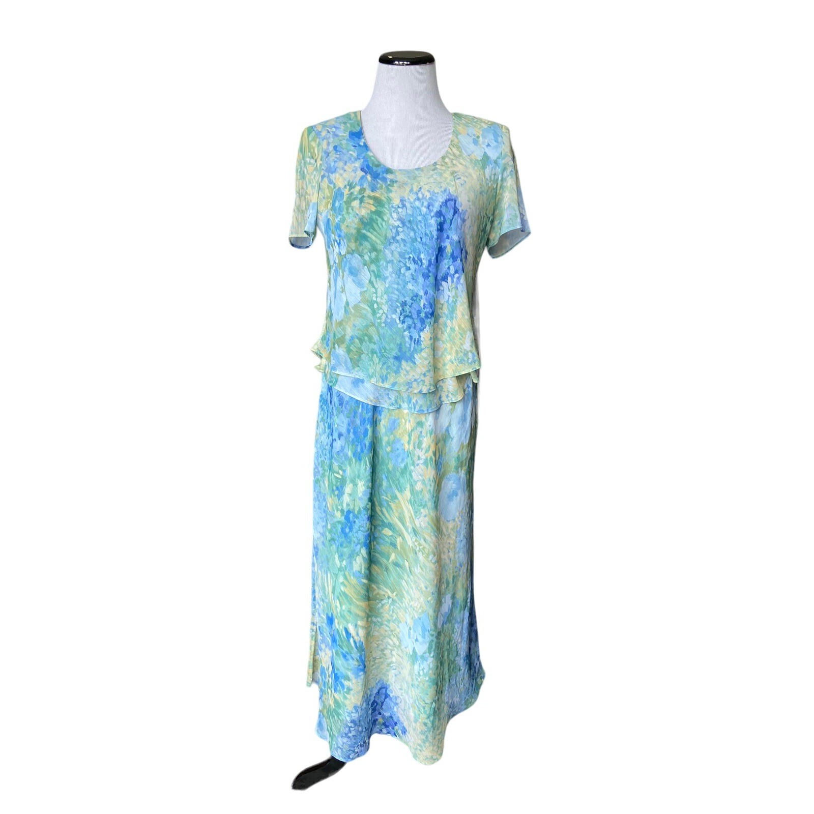 Coldwater Creek Tiered Chiffon Maxi Dress Size 6 Blue Watercolor Kentucky Derby