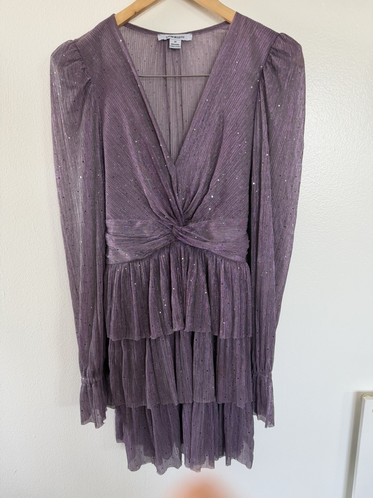 Sabrina Musayev Purple Glitter Pleated Sheer V-Neck Puff Sleeve Mini Dress M
