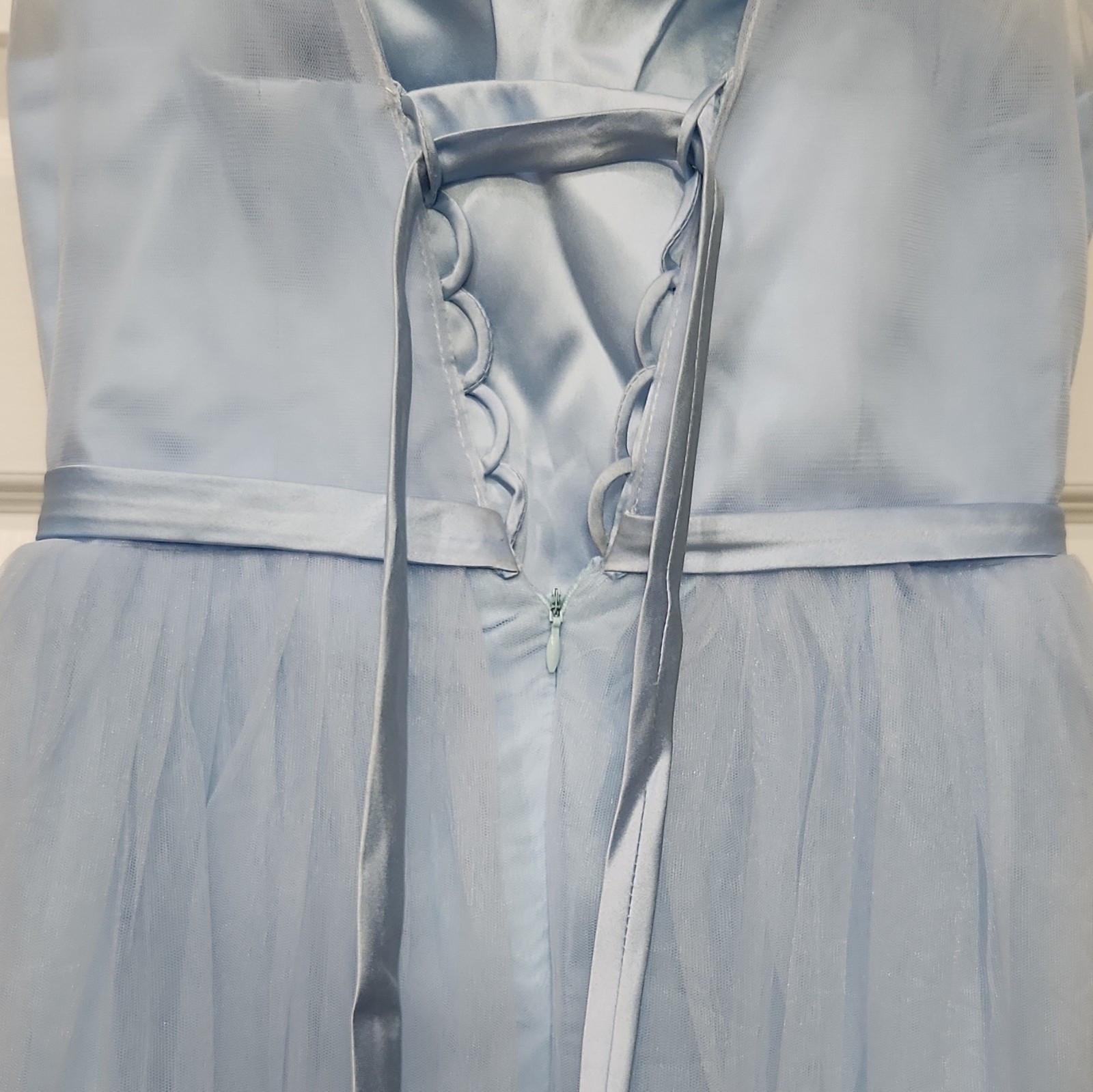 Blue Tulle Long Formal Gown, Silver Sequin Bodice, Satin Bow, Size 4