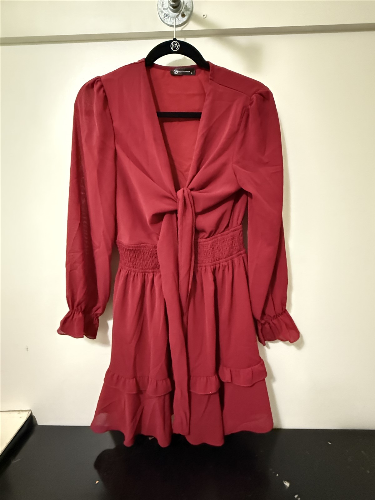 Women’s Midi Dress Lightweight Sheer Ruffles At Hem Tie At Front Top LS Red SZ M